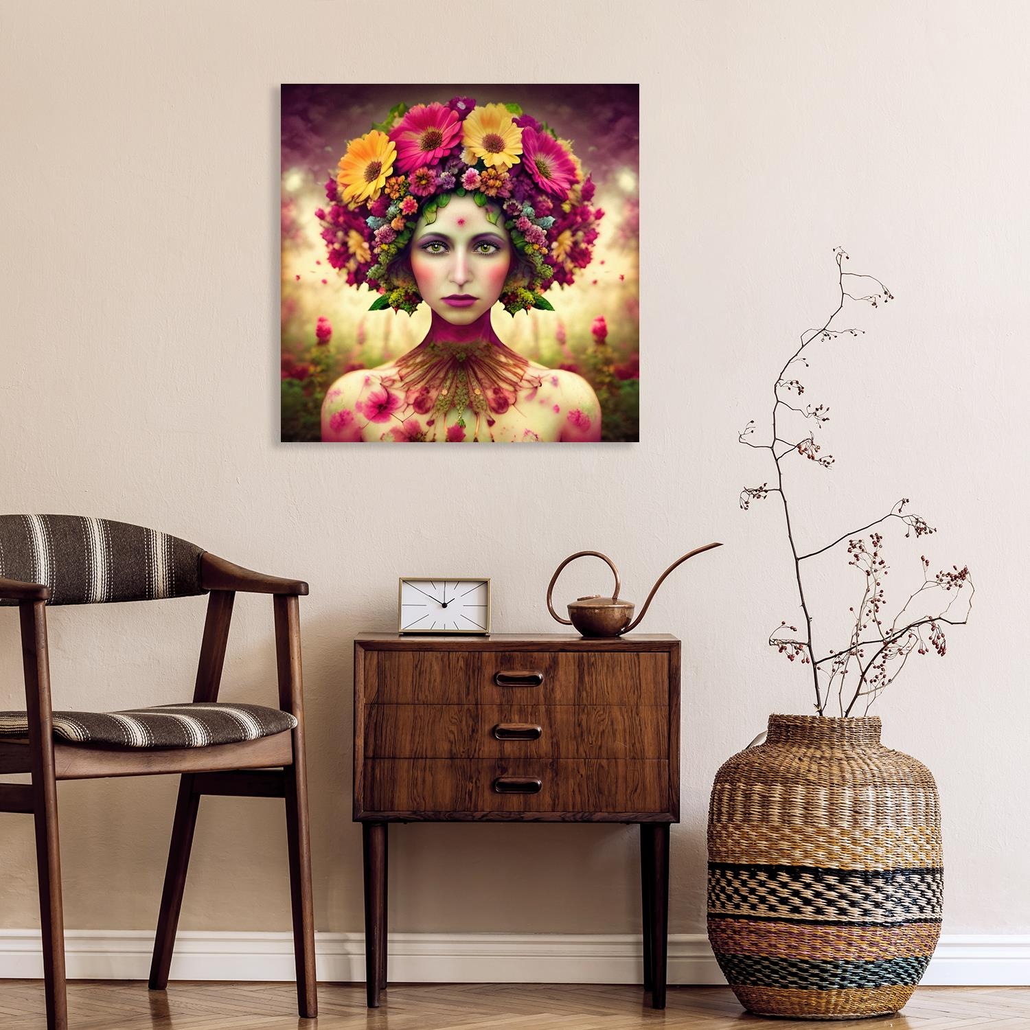 queence Acrylglasbild »Frau mit Blumenkranz«, Fantasy-Frau-Blumen-Blumenbilder, (1 St.), Kunst, knallige Farben, bunt