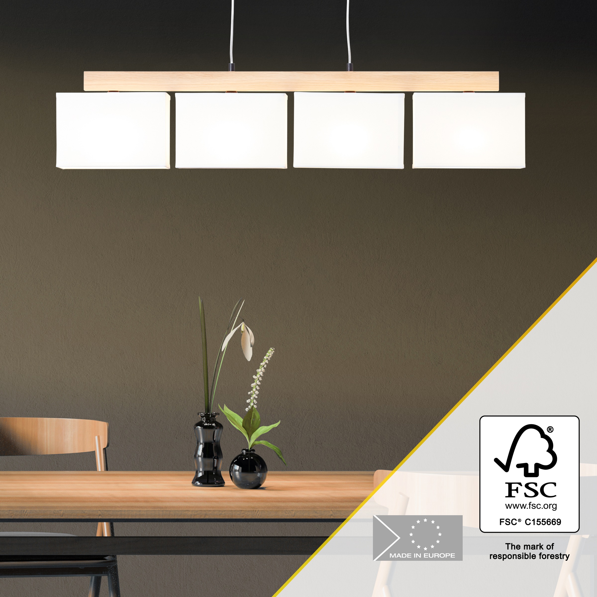 Brilliant Pendelleuchte »Rayan«, 4 flammig, Leuchtmittel E27 | ohne Leuchtmittel, Stoffschirme, H 113 cm, B 95 cm, 4 x E27, eiche geölt/weiß