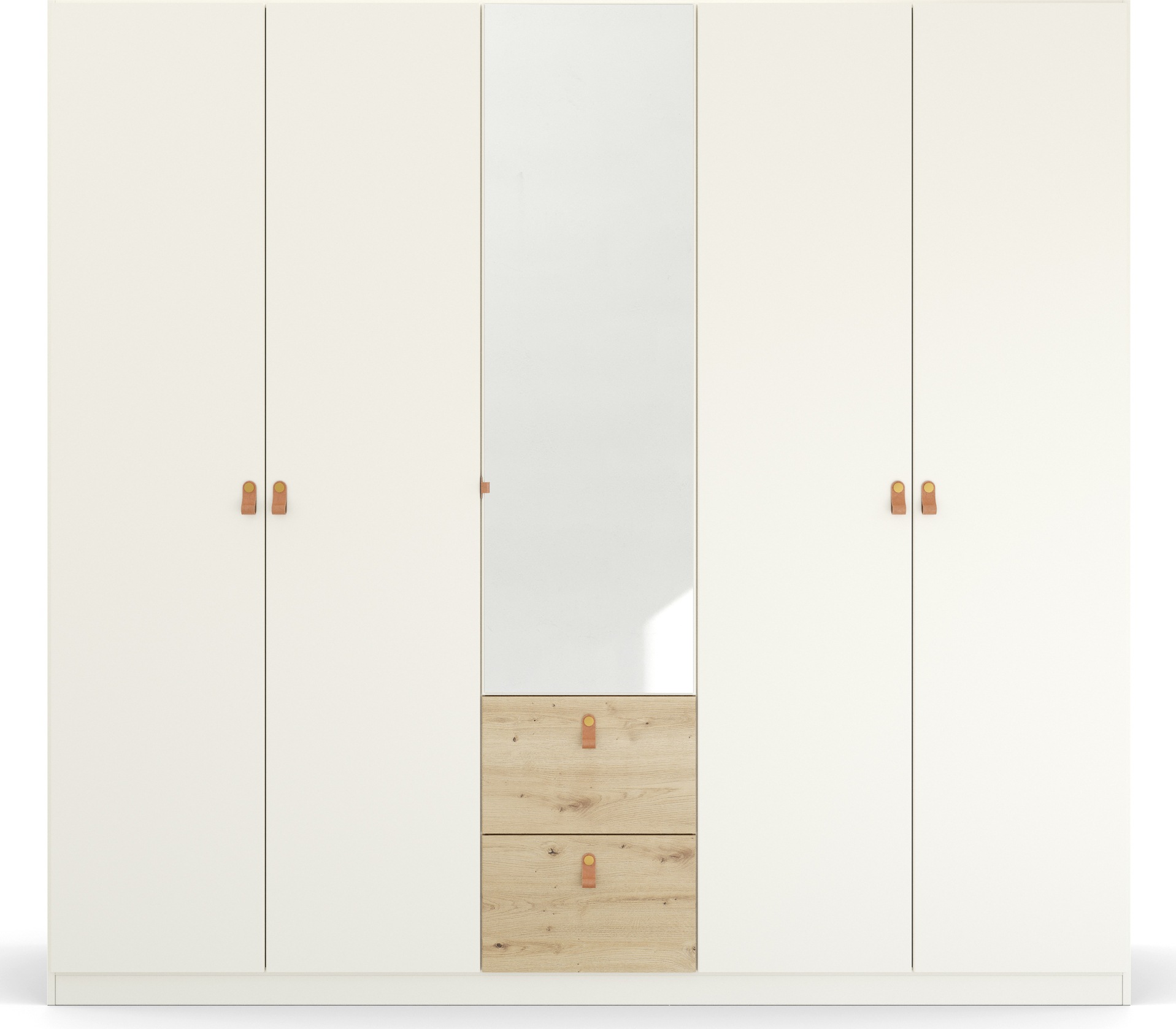 rauch Drehtürenschrank »Homey by Quadra Spin«, mit cognacbraunen Ledergrifflaschen, Schubladen in Eichen-Dekor