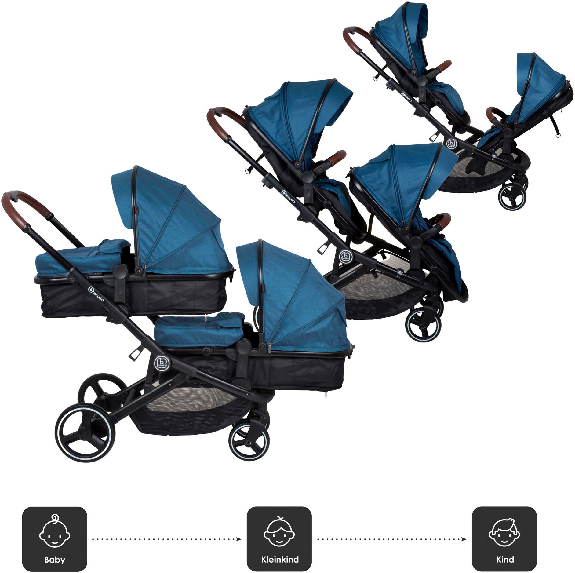 BabyGo Zwillings-Kombikinderwagen »Twinner Set, Blau melange«, 30 kg, inkl. 2 Regenhauben, Wickeltasche
