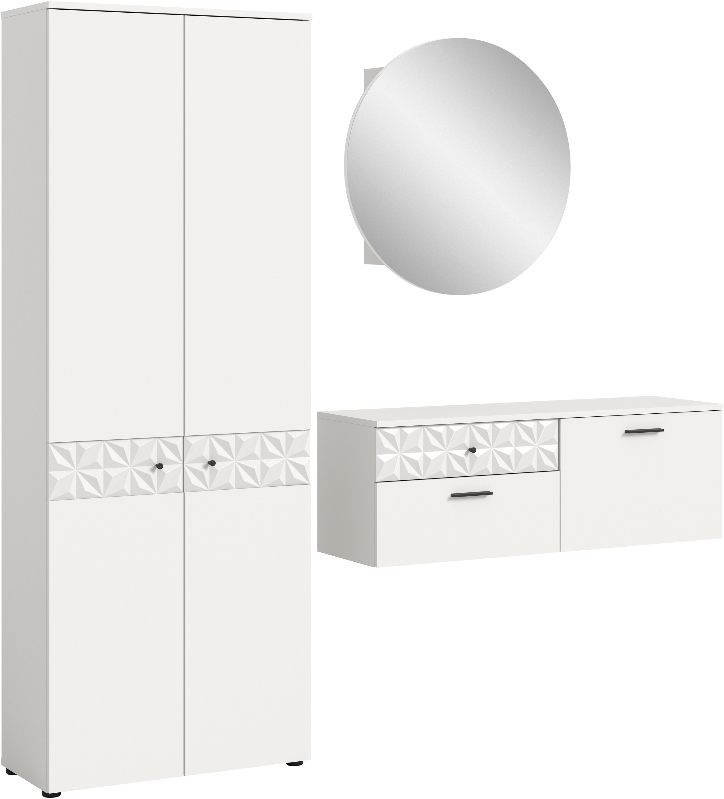 INOSIGN Garderoben-Set »VICENZA, 3-tlg., mit foraler Ornamentabsetzung in der Front«, (3 St.), best. aus.: Garderobenschrank, Schuhschrank und Spiegelschrank