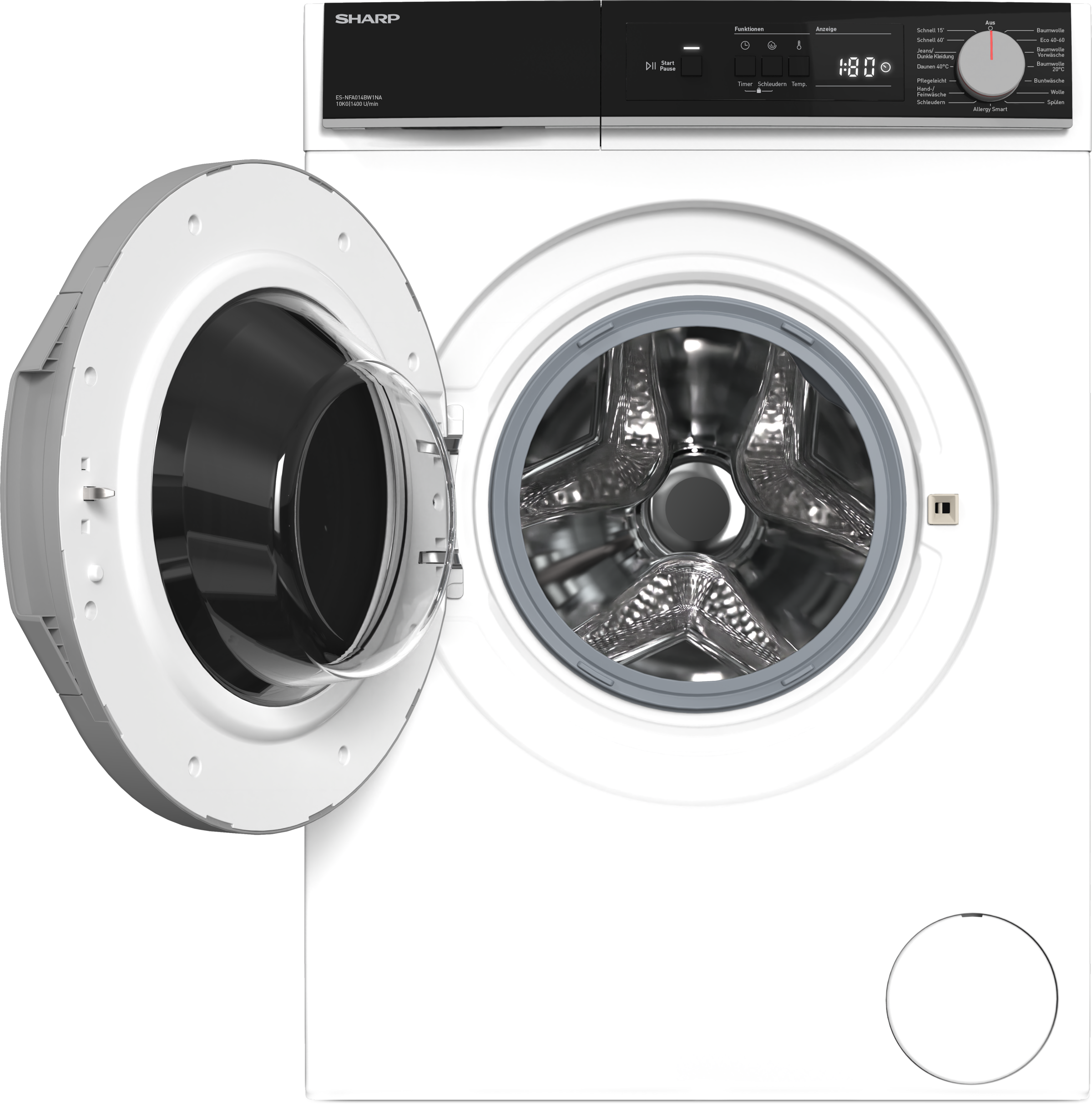 Sharp Waschmaschine Budget Class »ES-NFA014BW1NA-DE«, 10 kg, 1400 U/min, 10kg / A / AquaStop / Black panel and door-ring / White