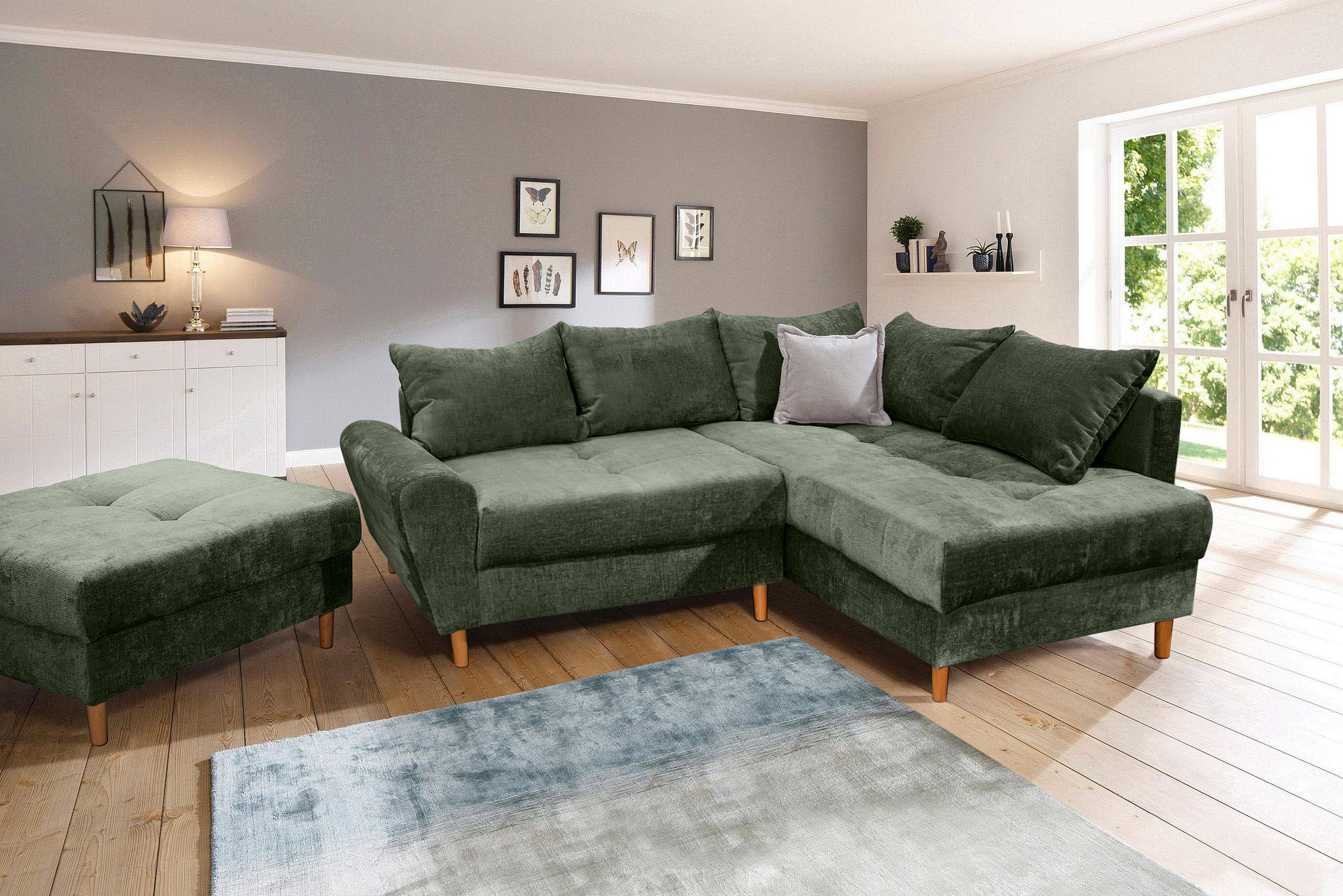 COLLECTION AB Ecksofa »Reims L-Form«, Ottomane beidseitig montierbar, inkl. Bettfunktion und Hocker