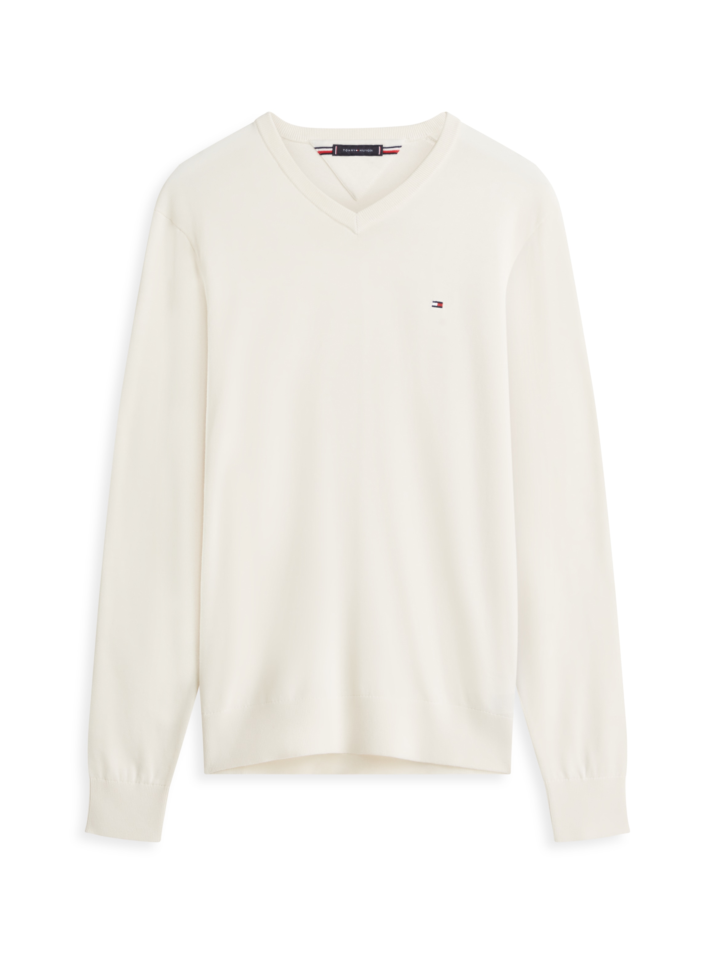Tommy Hilfiger Strickpullover »ESSENTIAL COTTON V NECK mit V-Ausschnitt und Stickerei« unifarben, casual, regular fit, Baumwolle, V-Ausschnitt