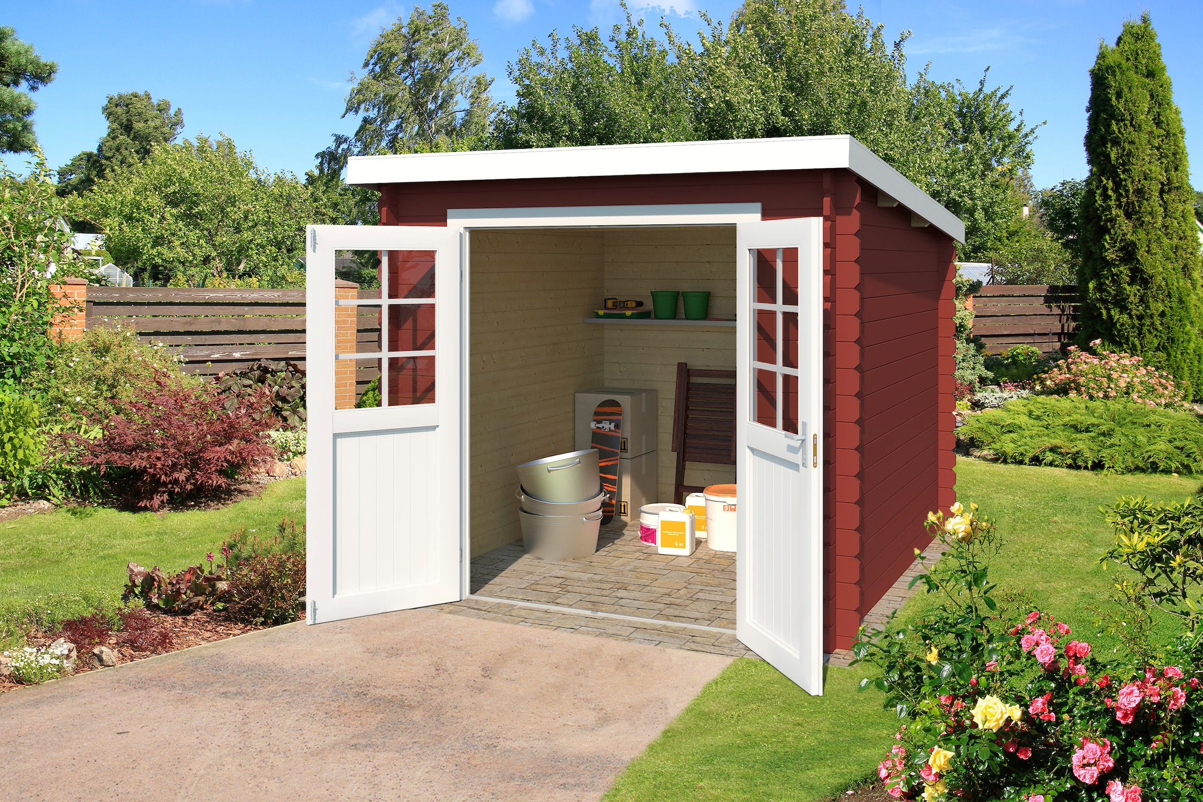 LASITA MAJA Gartenhaus »Indi 230«, Blochbohlenhaus 28mm, Fundamentmass 2300x2300, Schwedenrot