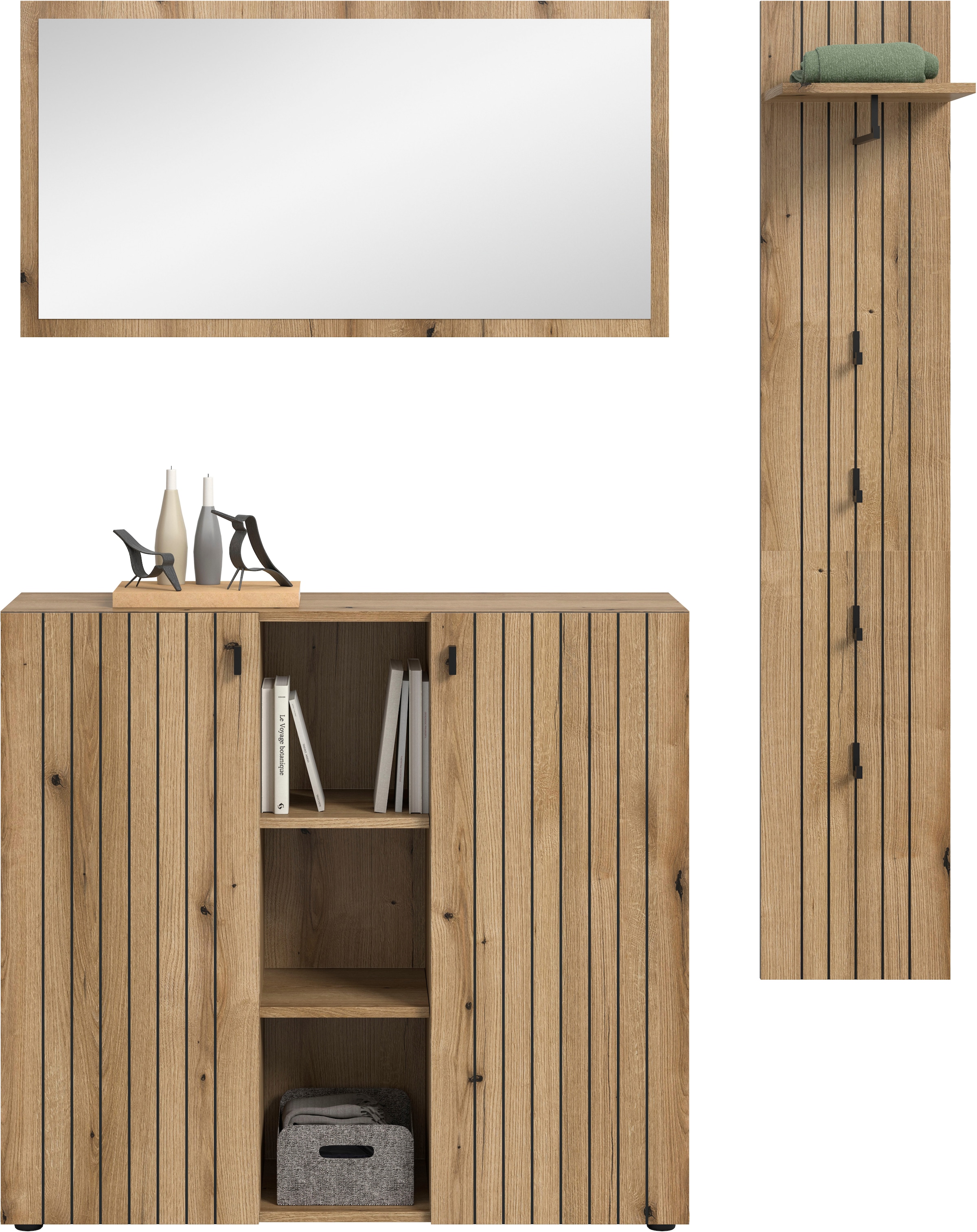 INOSIGN Garderoben-Set »TATIO, 3-tlg. Garderobenkombination, Breite:157cm, Rillenfräsung« Set, Set, best. aus: 1 Spiegel, 1 Garderobenpaneel, 1 Schuhkommode, 3 Stk. tlg.