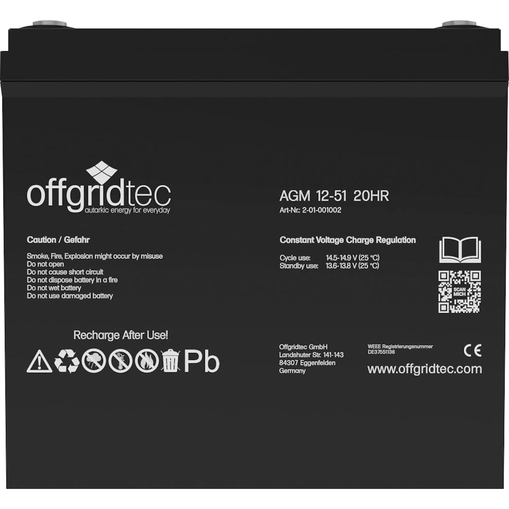 offgridtec Akku »AGM-Batterie 12V/51Ah 20HR«, 12 V