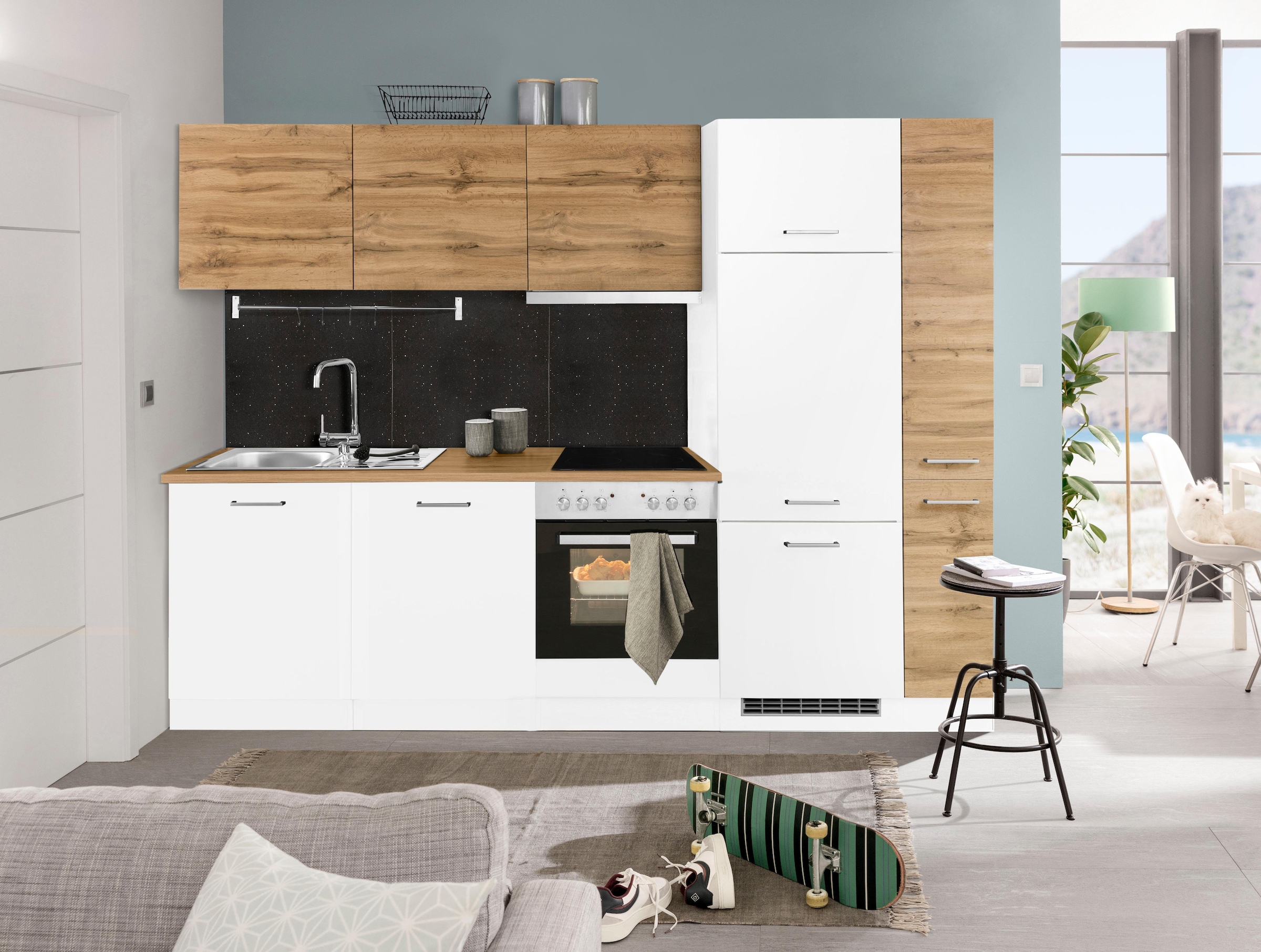 KOCHSTATION Küchenzeile »KS-Kehl«, mit E-Geräten, Breite 270 cm, inkl. Kühlschrank und Geschirrspüler