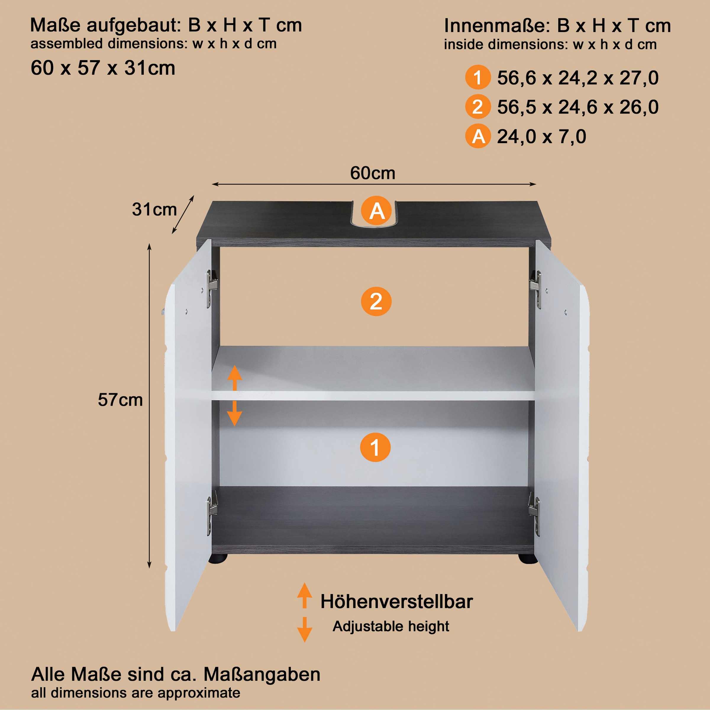 welltime Waschbeckenunterschrank »Sovana« Waschbeckenunterschrank mit 2 Türen - (B/T/H) 60/31/57 cm