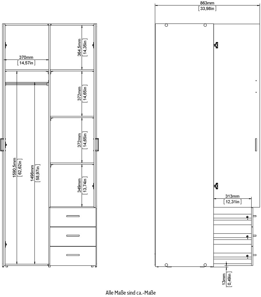 Home affaire Kleiderschrank, Mit viel Stauraum, graue Stangengriffe, Gr. ca. 200,4 x 77,6 x 49,5 cm