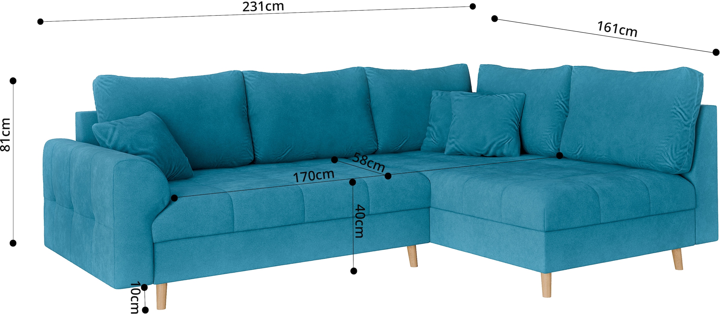 Home affaire Ecksofa »CHARRE L-Form mit Ottomane, Maße B/T/H: 231/161/81 cm«, feine Steppung, lose Rücken- und Zierkissen, auch in Cord und Bouclé