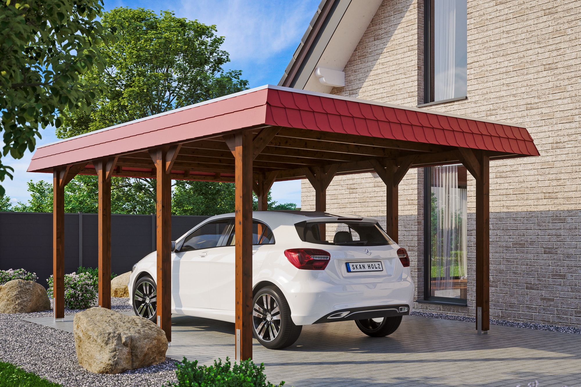 Skanholz Einzelcarport »Spreewald«, Nadelholz, 342 cm, Nussbaum, mit EPDM-Dach, rote Blende