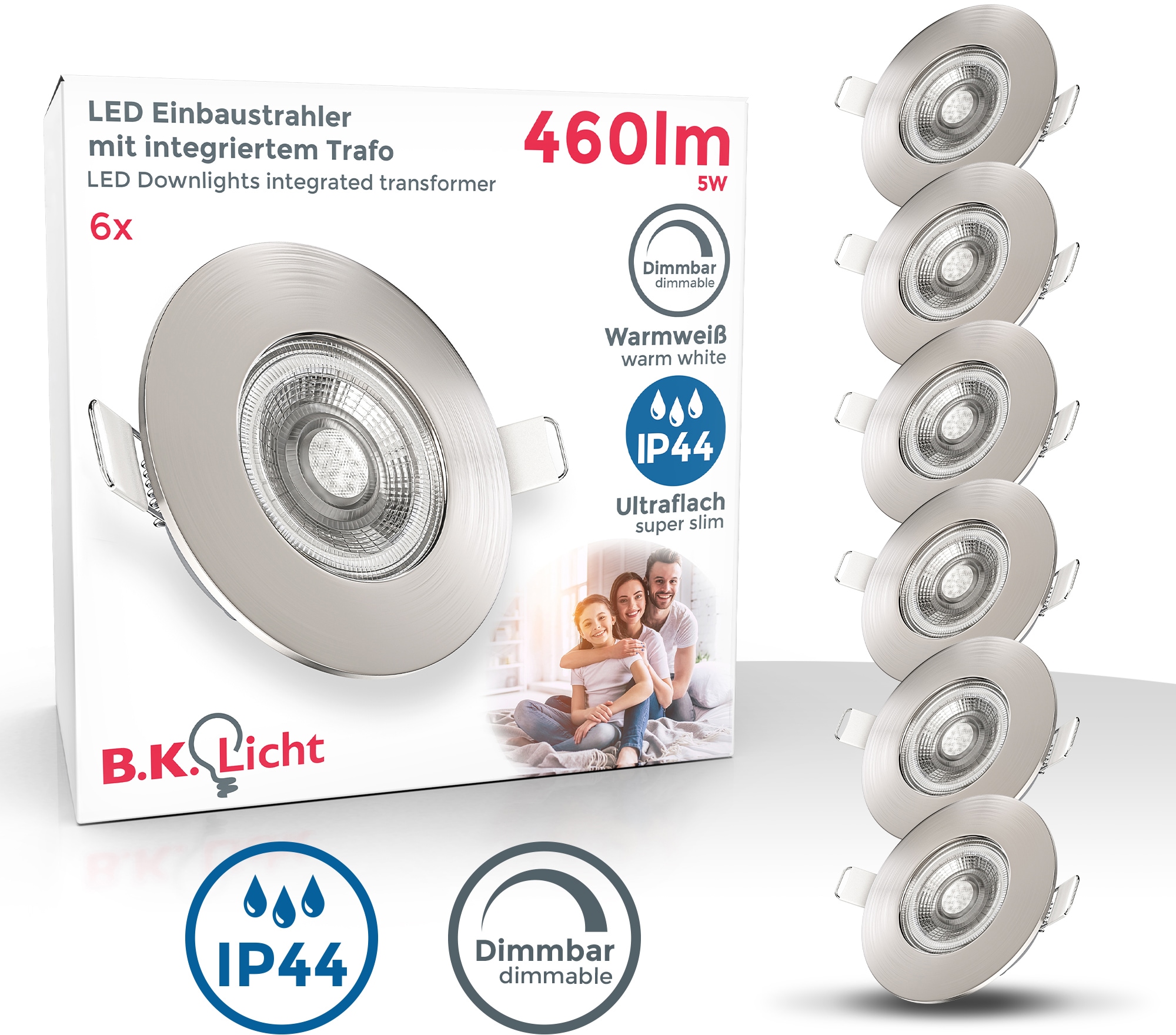 B.K.Licht LED inkl. SET 6 dimmbar, auf flammig-flammig, IP44, Rechnung 6er flach, 5W, Einbauleuchte, kaufen Einbauleuchte, Einbauspots