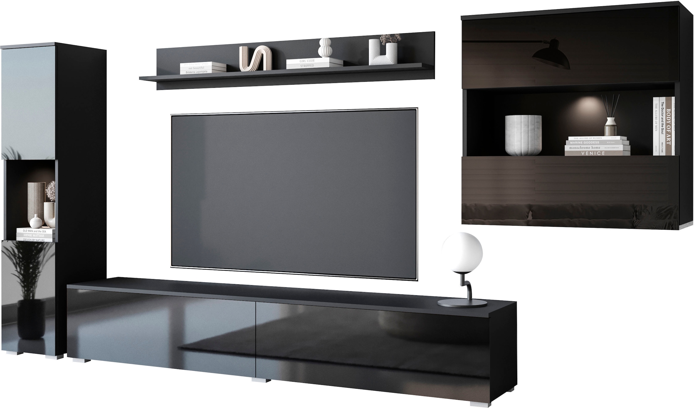 INOSIGN Wohnwand »PARIS«, (Komplett-Set, 4 St.), TV-Wand 300cm breite, grifflose Design, stehend und hängend montierbar