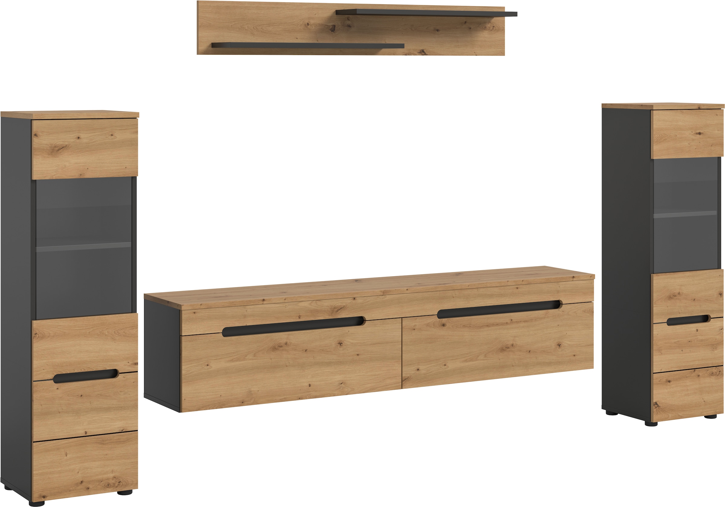 INOSIGN Wohnwand »REHAT, TOPSELLER!, 4-teilig, wahlweise stehend und hängend montierbar« Set bestehend aus: 2x Vitrine, Lowboard und Wandboard, 3 Stk. tlg.