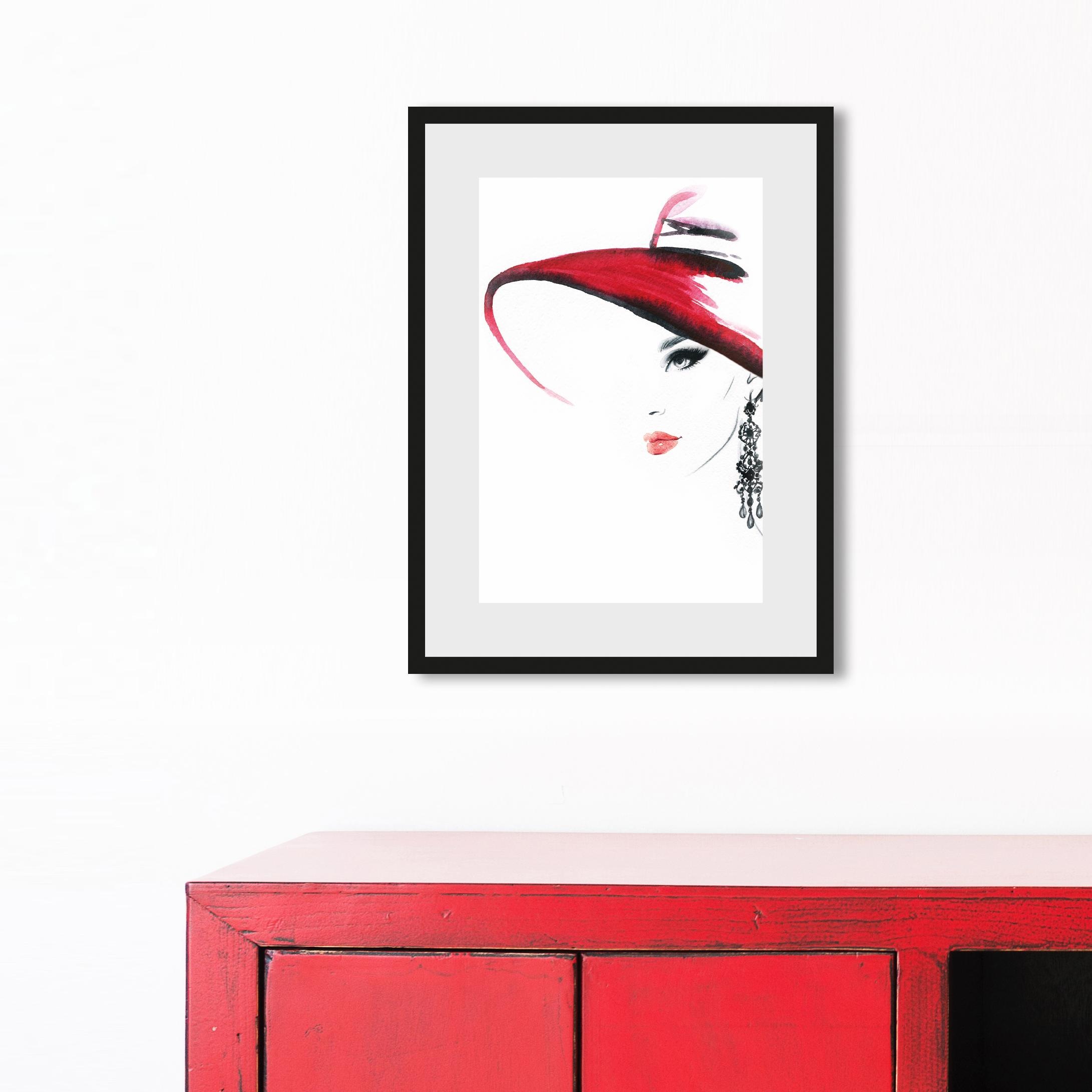 Leonique Bild »Skizze Frau mit Hut und Ohrring«, Fashion-Magazincover-Mode-Modebilder-Frau-Bilder von Frauen, HD Premium Poster-Druck inkl. Holzrahmen