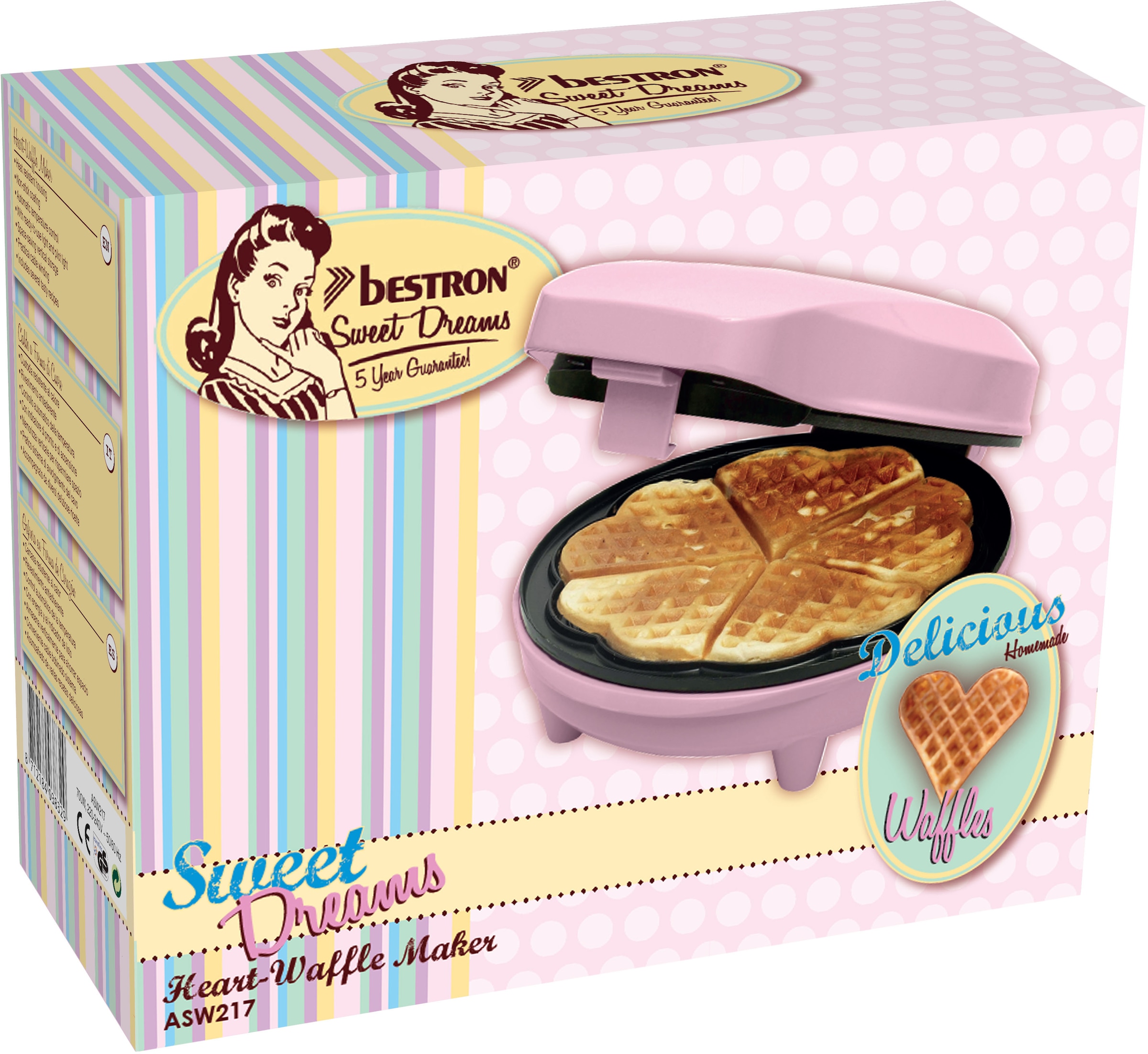 bestron Waffeleisen »ASW217pink Sweet Dreams«, 700 W, für klassische Herzwaffeln, mit Antihaftbeschichtung, Retro Design