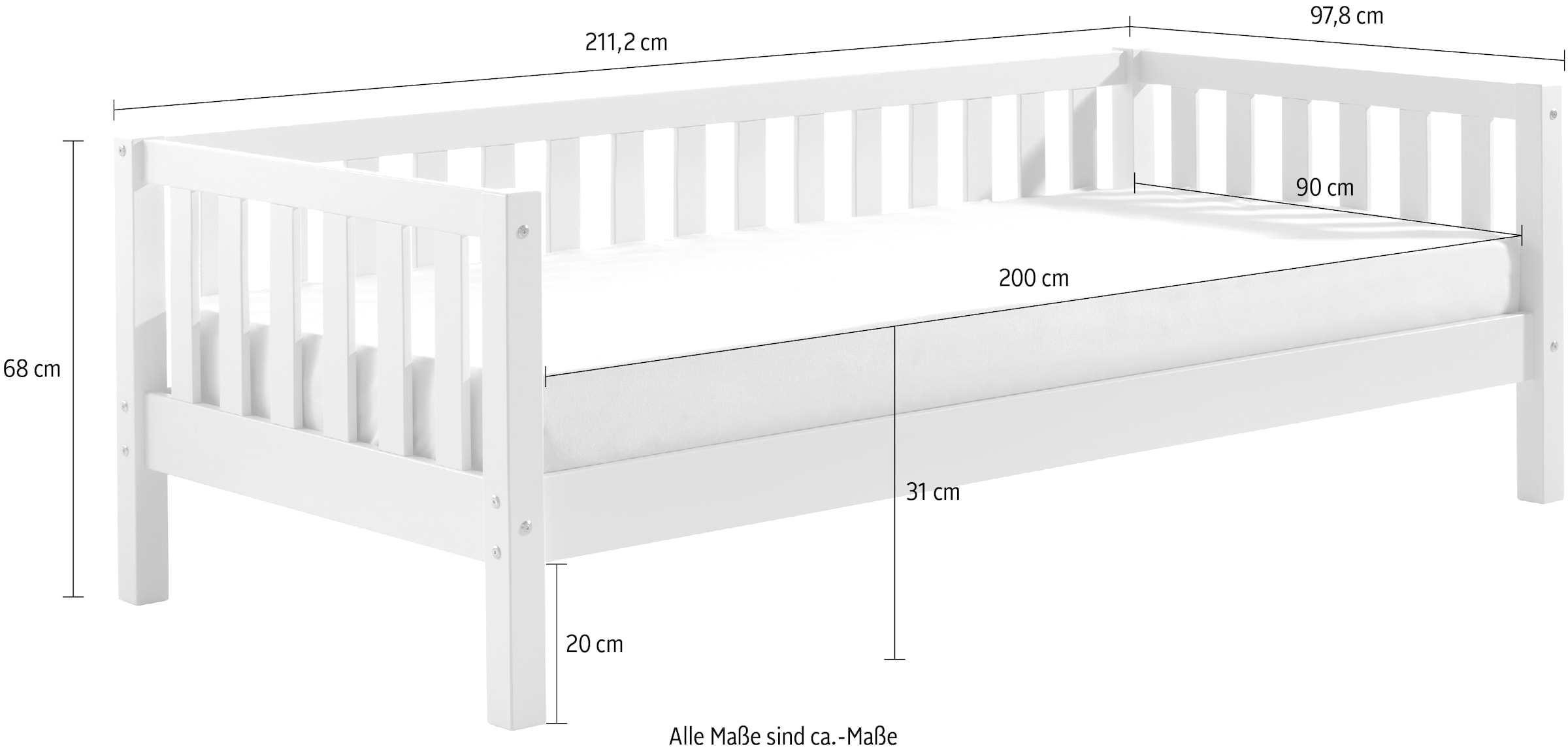Vipack Einzelbett, (Made in Europe), Sprossenumrandung, Liegefläche 90x200 cm, in Milky Pine oder Weiß