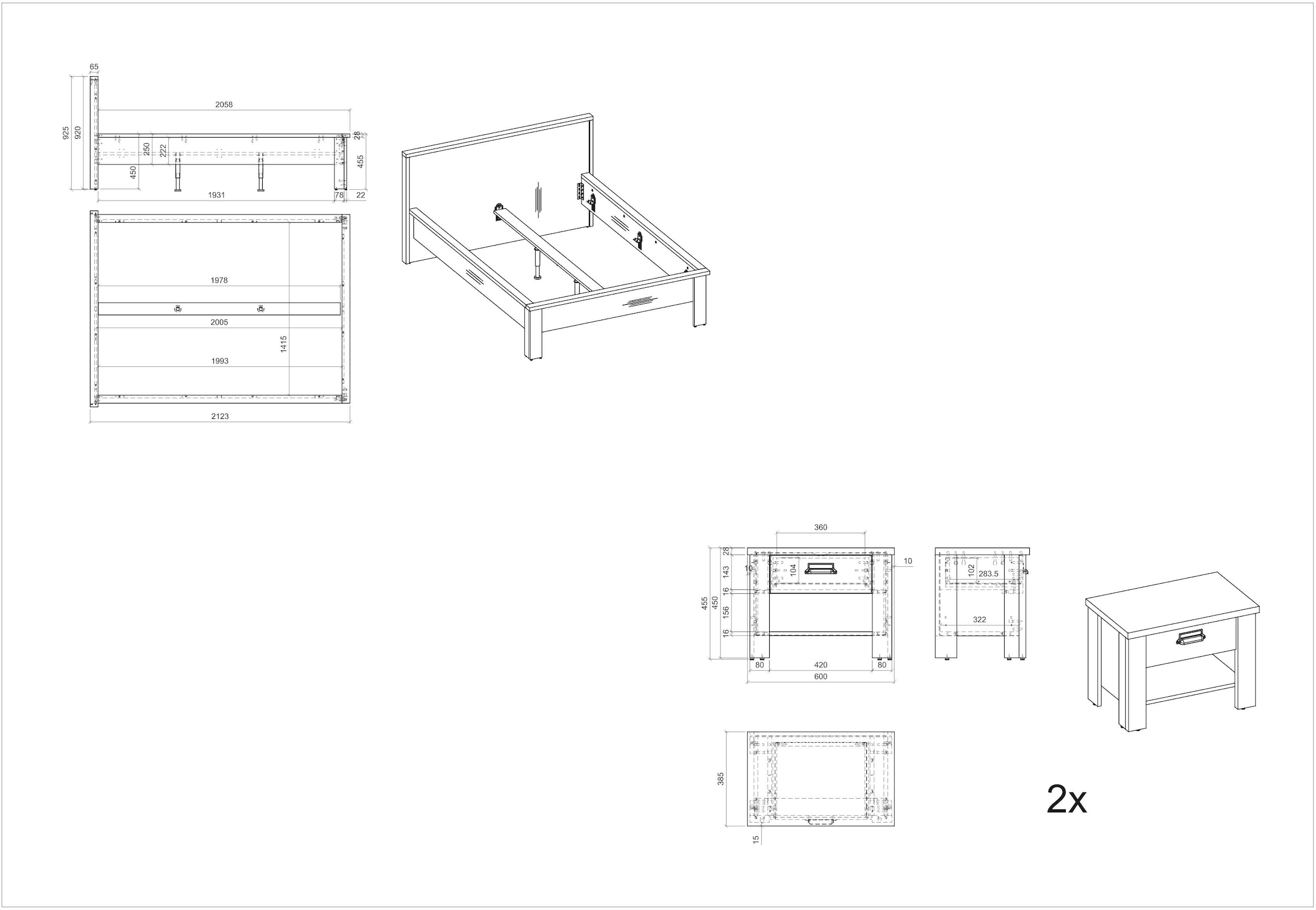 Home affaire Bettanlage »SHERWOOD«, (3 tlg.), Liegefläche Bett 140x200cm, 2 Nachttische mit jeweils 1 Schublade