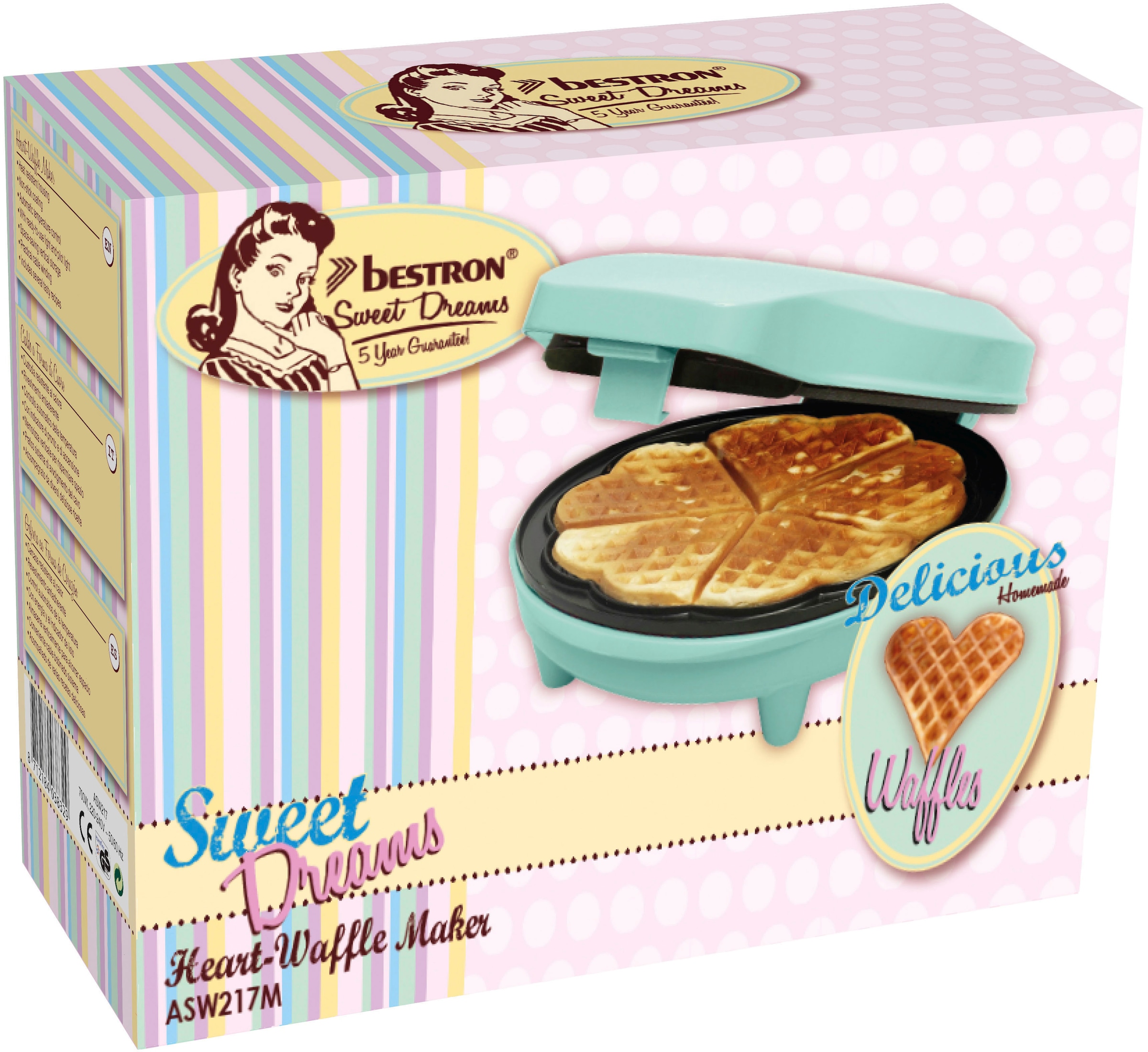 bestron Waffeleisen »ASW217«, 700 W, für klassische Herzwaffeln, mit Antihaftbeschichtung, Retro Design