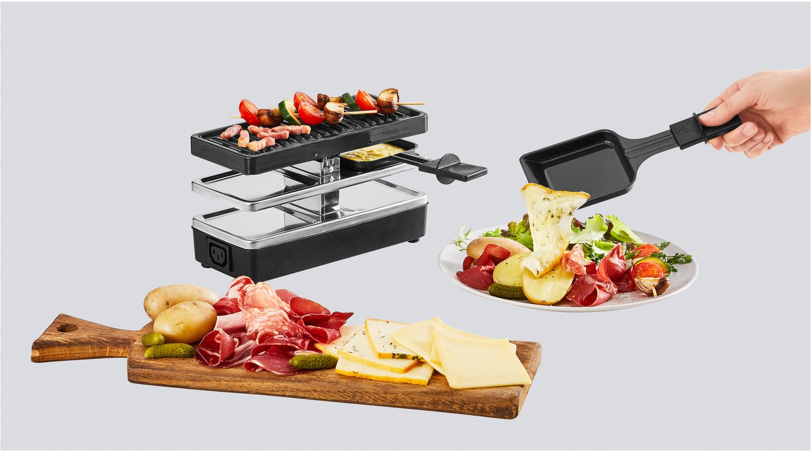 Tefal Raclette »Plug&Share, mit Erweiterungsmöglichkeit, abnehmbares Kabel«, 2 St. Raclettepfännchen, 400 W, spülmaschinengeeignete Pfännchen und Platte, platzsparend, RE2308