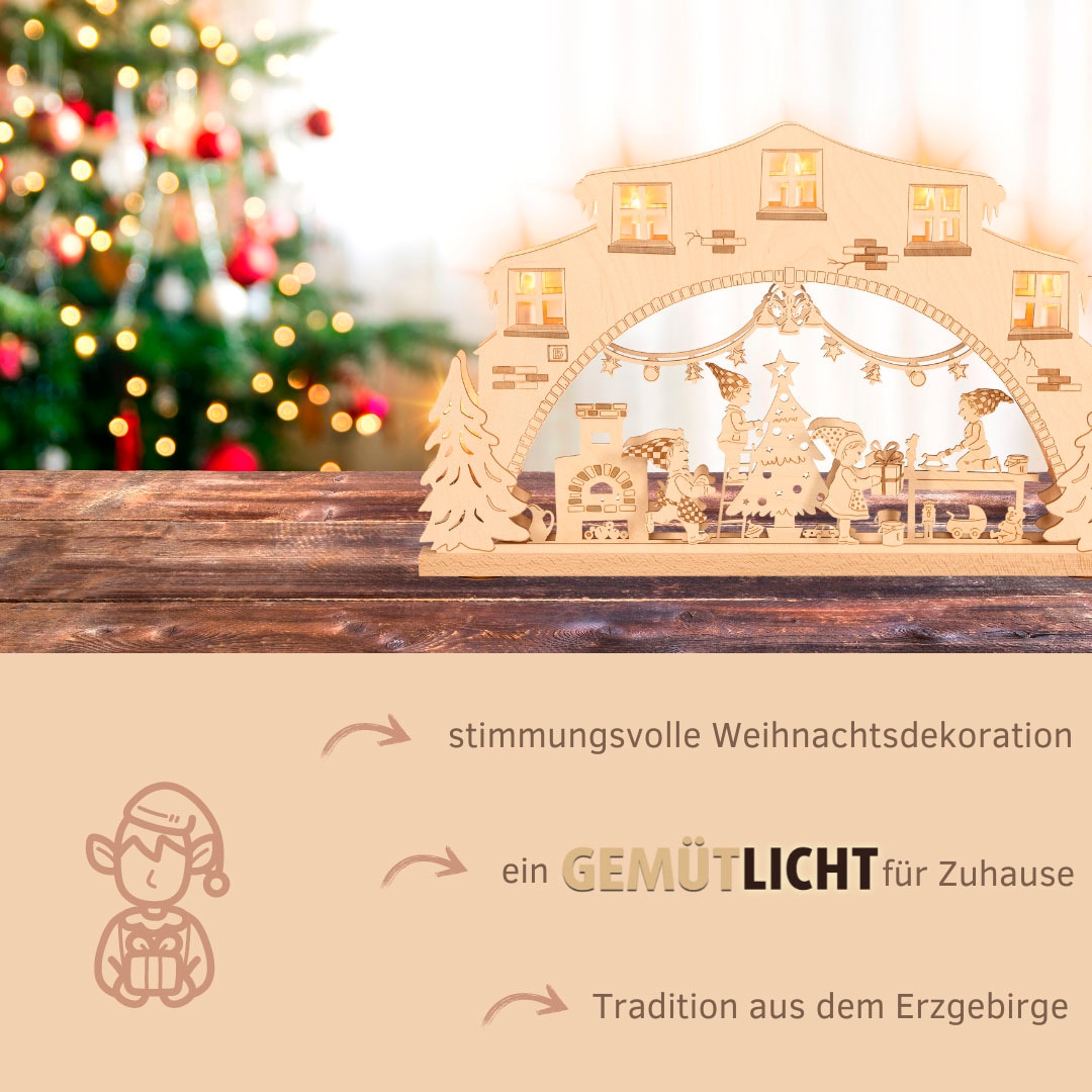 Weigla LED Schwibbogen »Wichtelwerkstatt, Lichterbogen aus Holz, NATUR«, Erzgebirge garantiert, Weihnachtsdeko Innen, Weihnachtsbeleuchtung