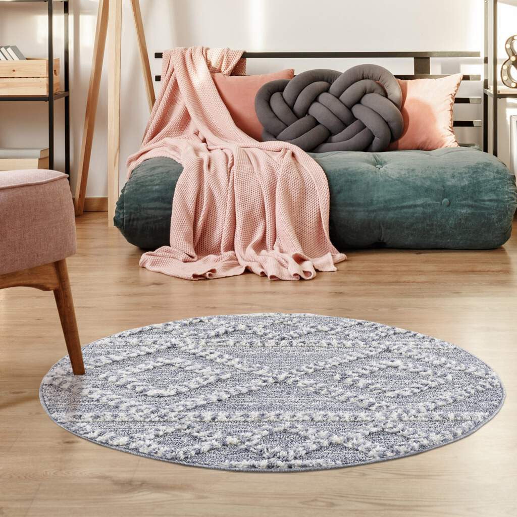 Carpet City Hochflor-Teppich »Focus 3022«, rund, Boho-Teppich, besonders weich, Rauten Design, 3D-Effekt