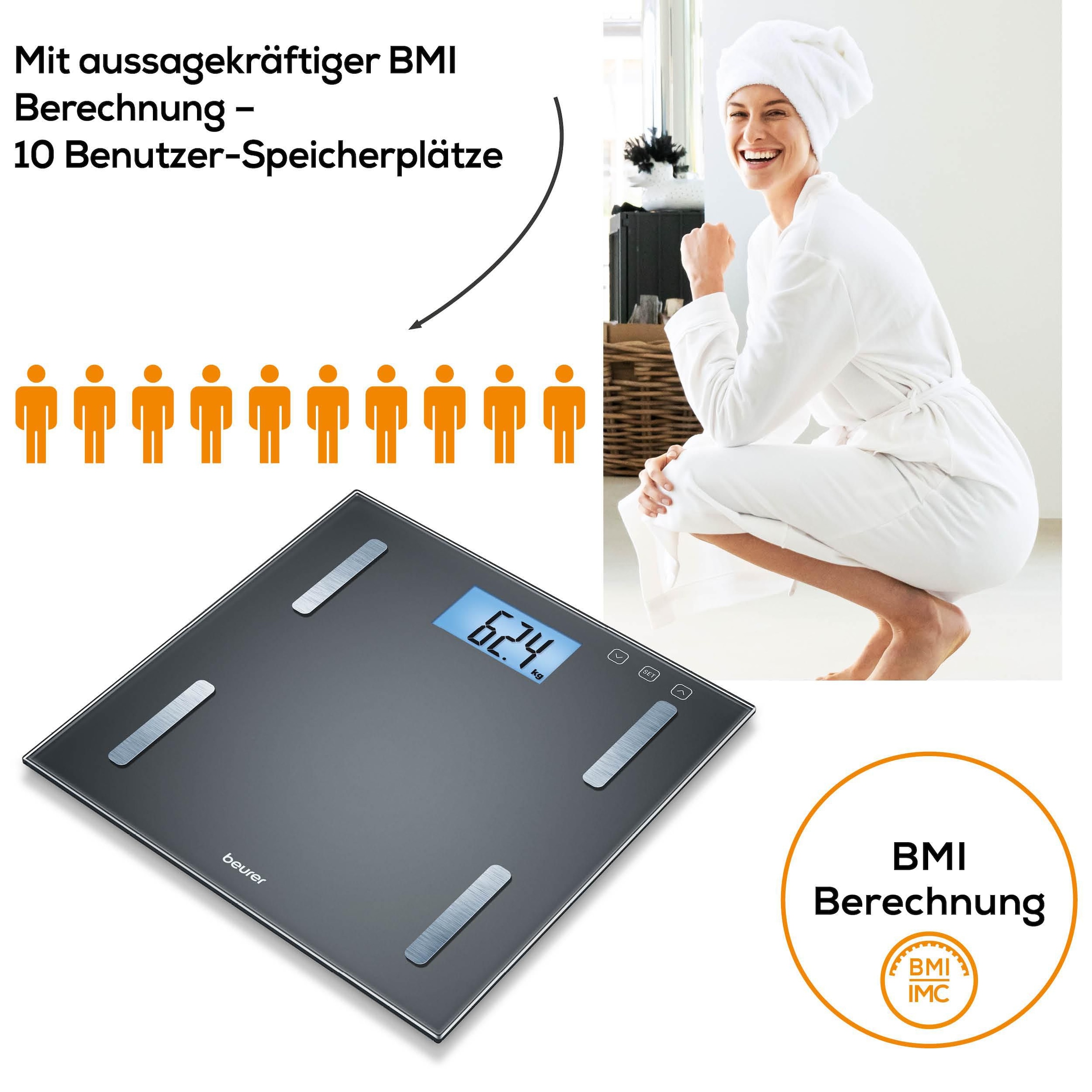 BEURER Körper-Analyse-Waage »BF 180 zur Ermittlung der Körperwerte« Tragkraft mit 180 kg, Elektroden aus gebürstetem Edelstahl
