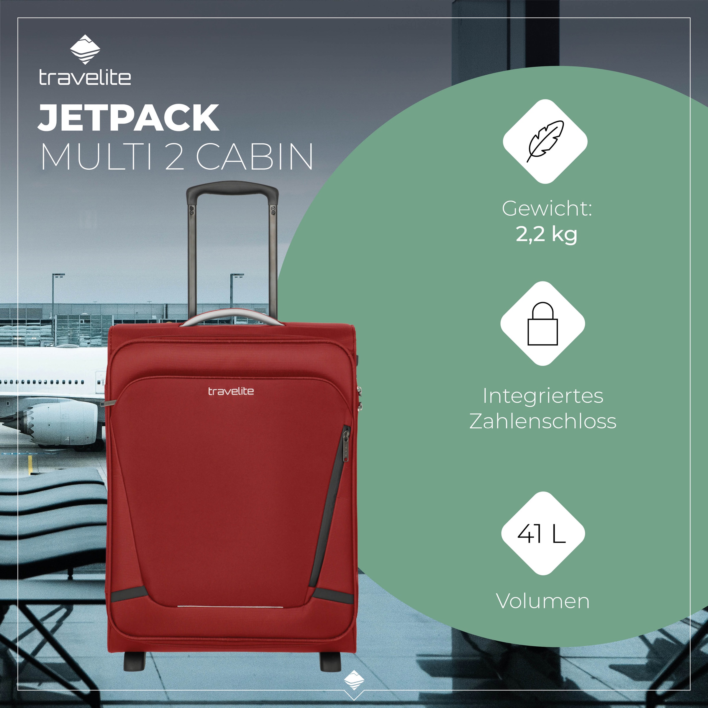 travelite Handgepäck-Trolley »JETPACK Multi 2 Cabin, konzipiert für Condor & Ryanair«, 2 Rollen, Weichgepäck-Koffer Handgepäck für die meisten gängigen Airlines