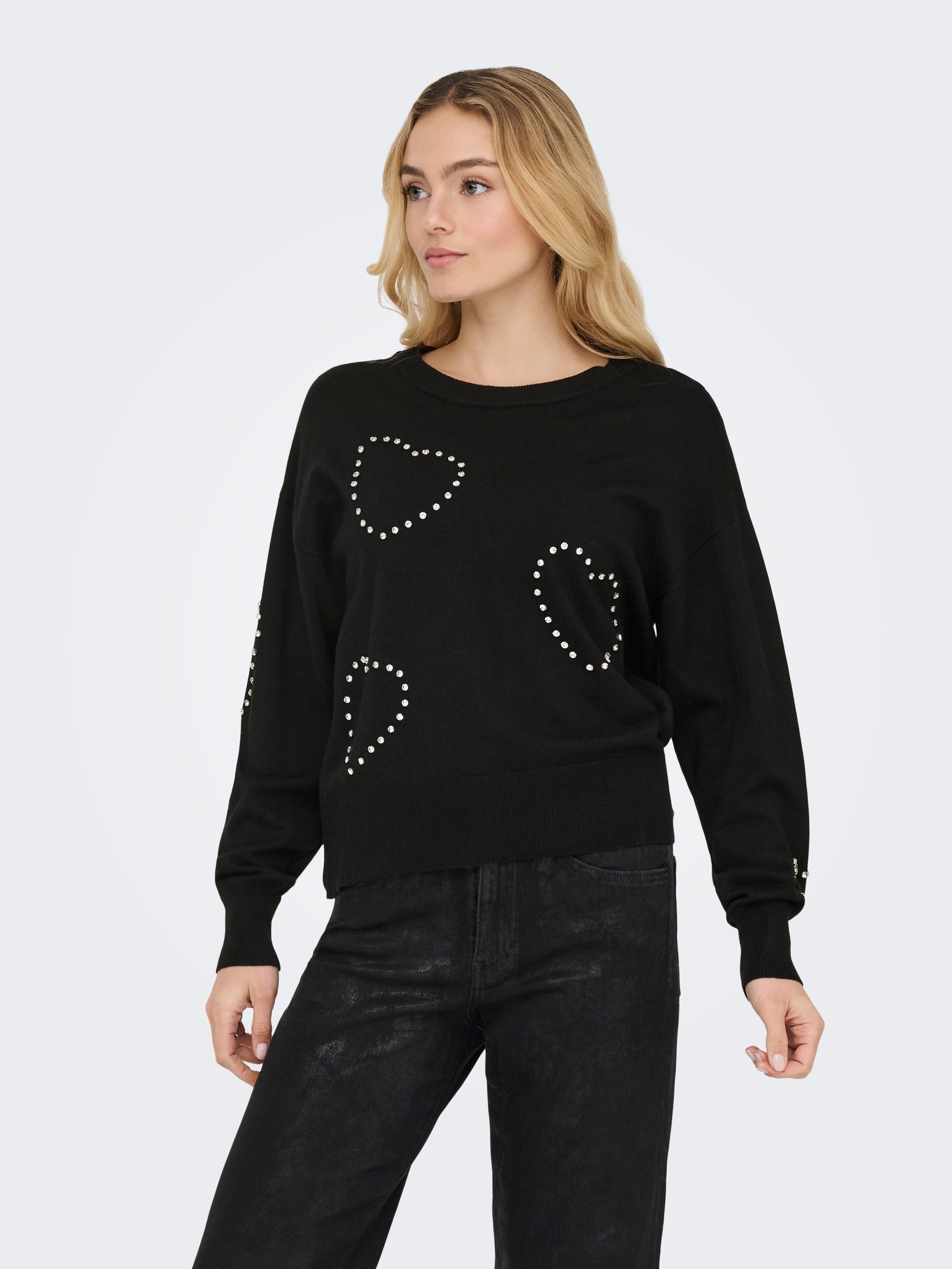 ONLY Rundhalspullover »ONLBEE LS HEART BLING O-NECK CC KNT« mit Glitzersteinen