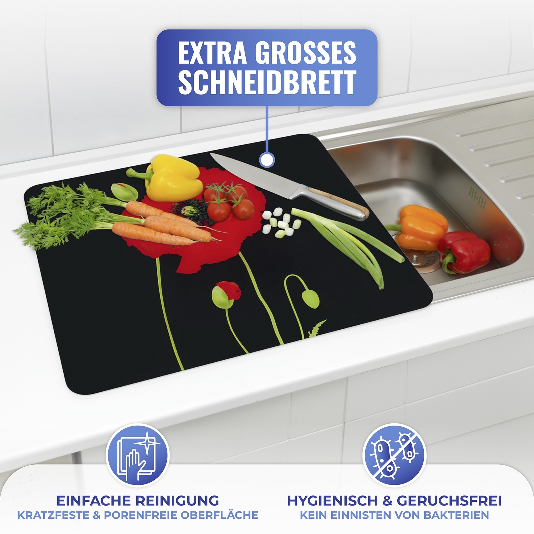 Maximex Herd-Abdeckplatte »Multi Modell Mohn«, Spritzschutz, Herdblende, Schneidbrett, für Glaskeramik-Kochfelder