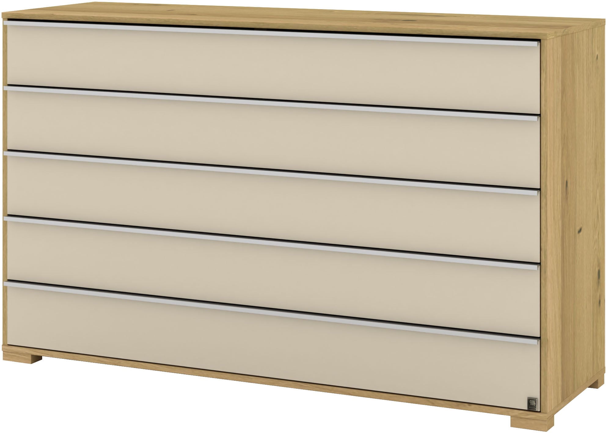 Musterring Schubkastenkommode »Savona Sideboard, Wäscheschrank, mit Schubladen, teilmassiv, 141 cm«, (Bianco-Eiche, mit Glas, mit Selbsteinzug und Dämpfung, MADE IN GERMANY), Fronten Glas Champagner, Schubkästen mit Soft-Abstoppung, Breite 141cm