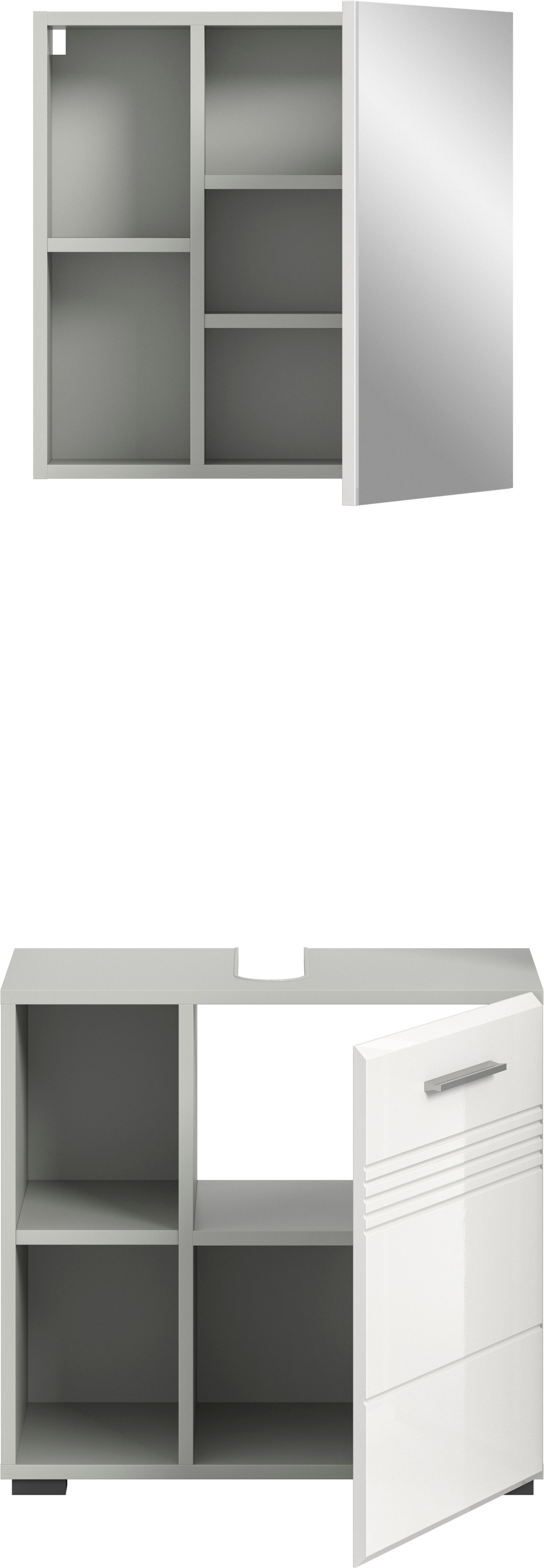 welltime Badmöbel-Set »Calicio, bestehend aus: Waschbeckenunterschrank, Spiegelschrank«, (2 St.), hochwertige MDF Front mit Rillenfräsung
