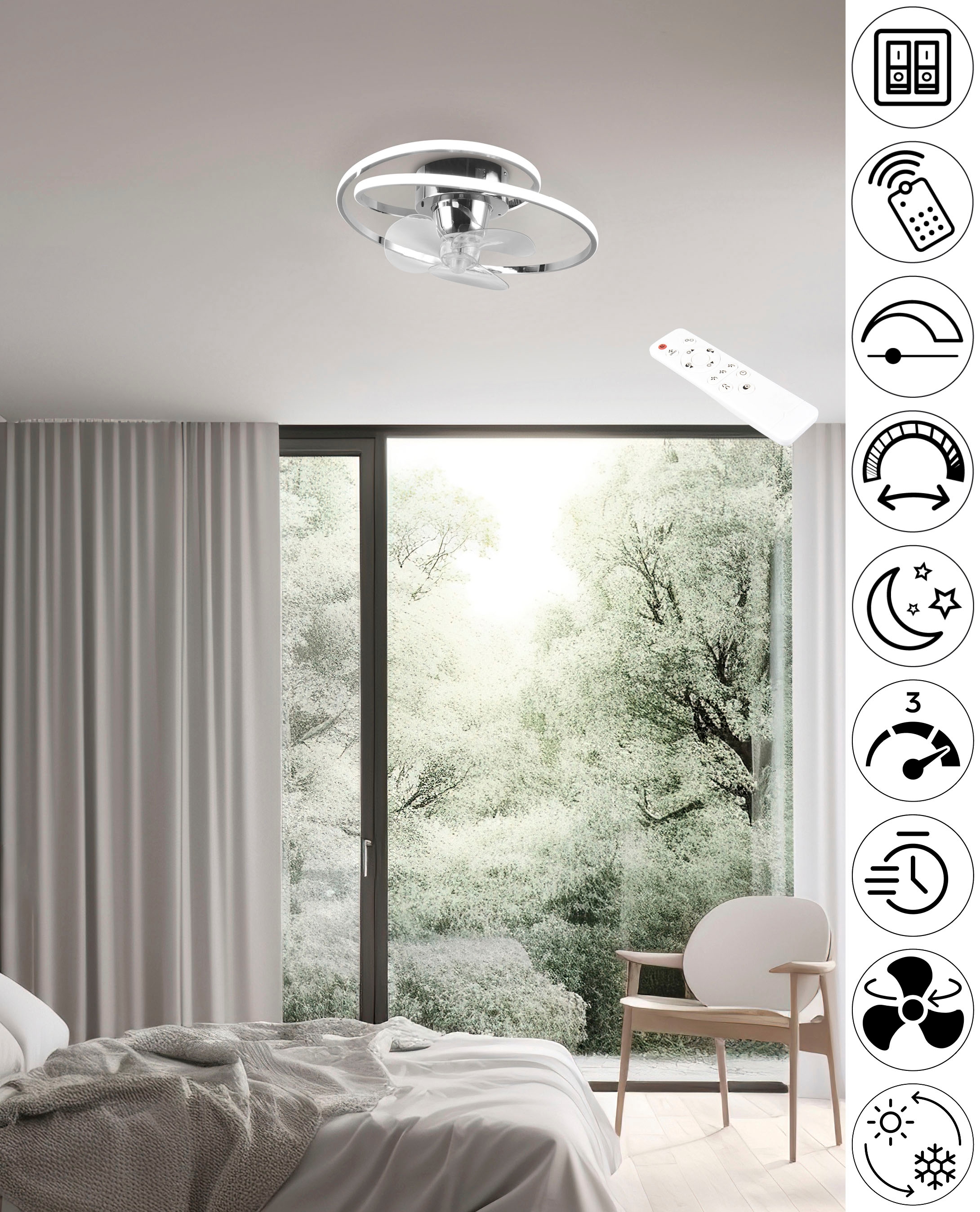 TRIO Leuchten LED Deckenleuchte »UMEA Deckenventilator mit Beleuchtung, Rotor schwenkbar, Fernbedienung«, 1 flammig-flammig, LED Ventilator dimmbar CCT Memory Nachtlicht Sommer- & Winterfunktion