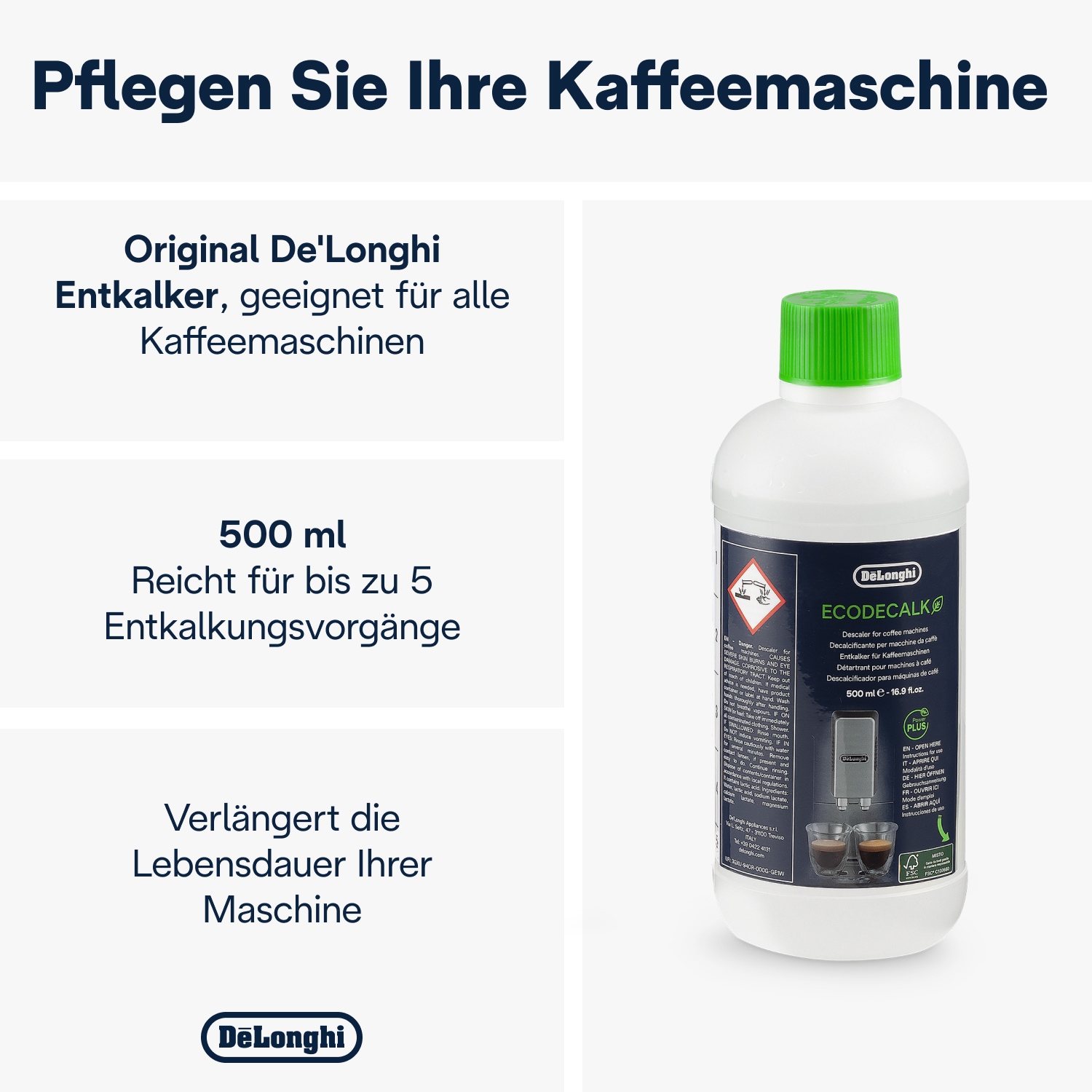 De'Longhi Entkalker »DLSC500 EcoDecalk«, Kalklöser für Kaffeevollautomat und Espressomaschine