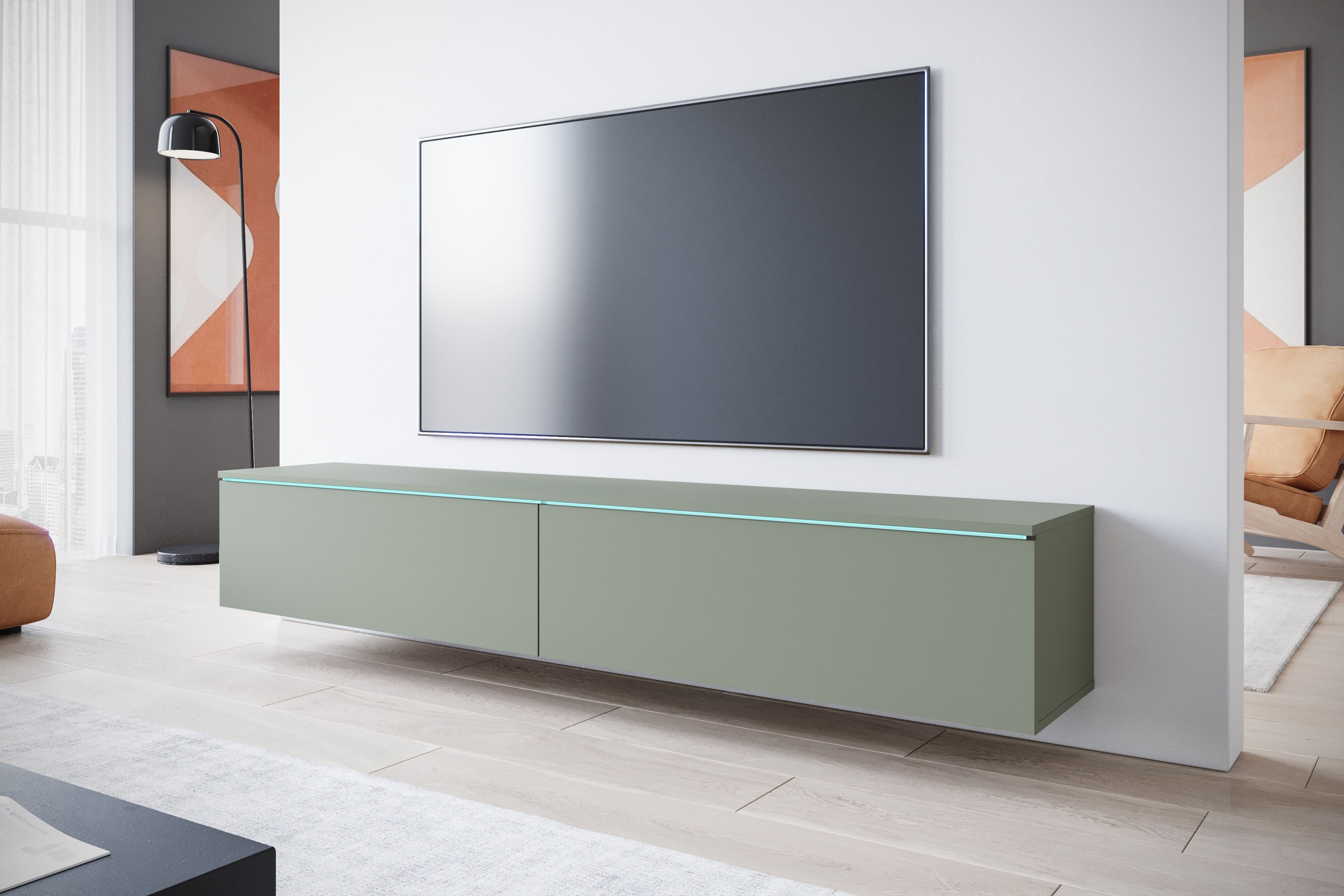 INOSIGN Lowboard »LOWBOARD VERA, wahlweise mit oder ohne Beleuchtung«, Modernes griffloses TV-Board, 180 cm TV-Schrank, stehend und hängend