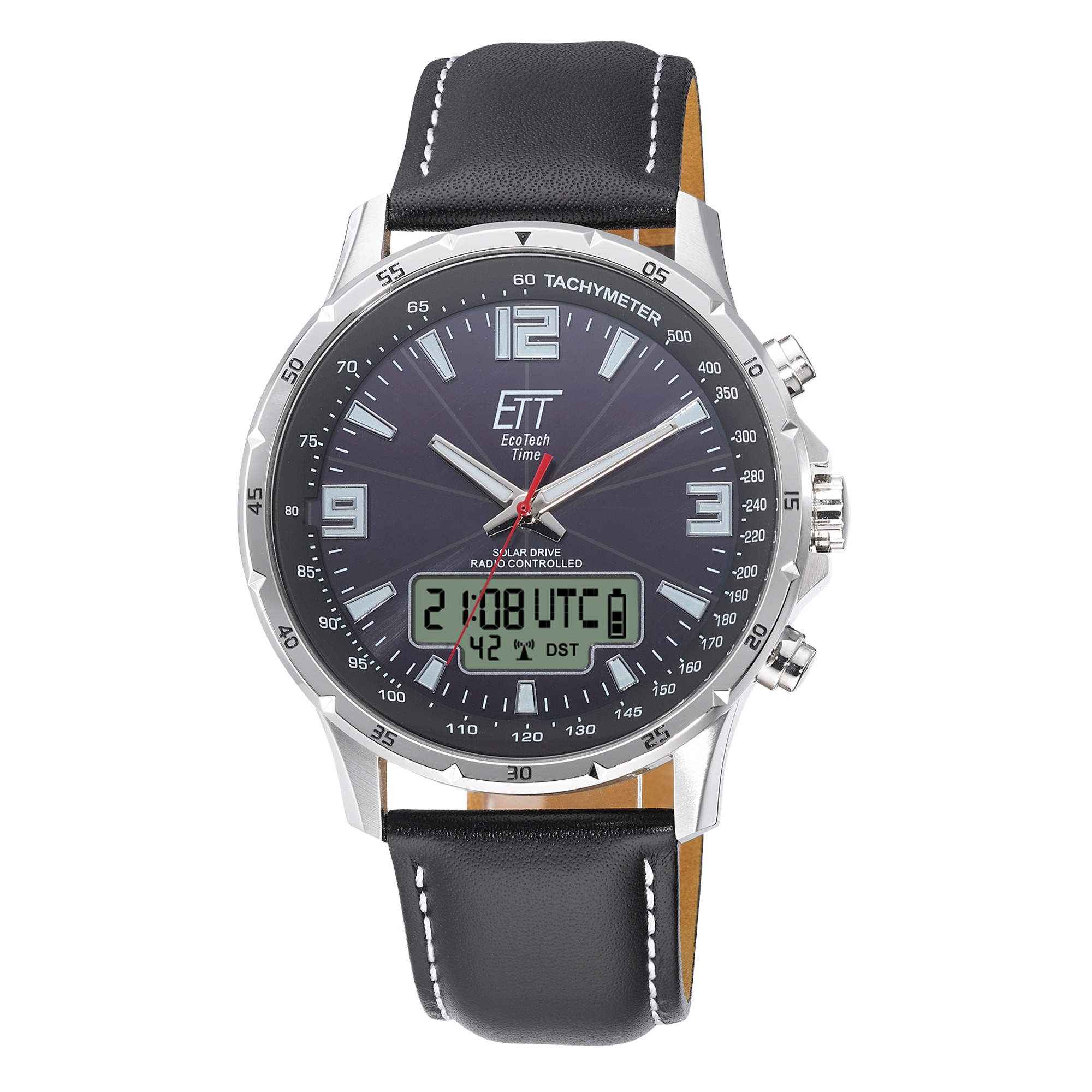 ETT Funk-Multifunktionsuhr »Professional WorldTimer« Armbanduhr, Solar, Herrenuhr, Lederarmband, analog, digital, Tag