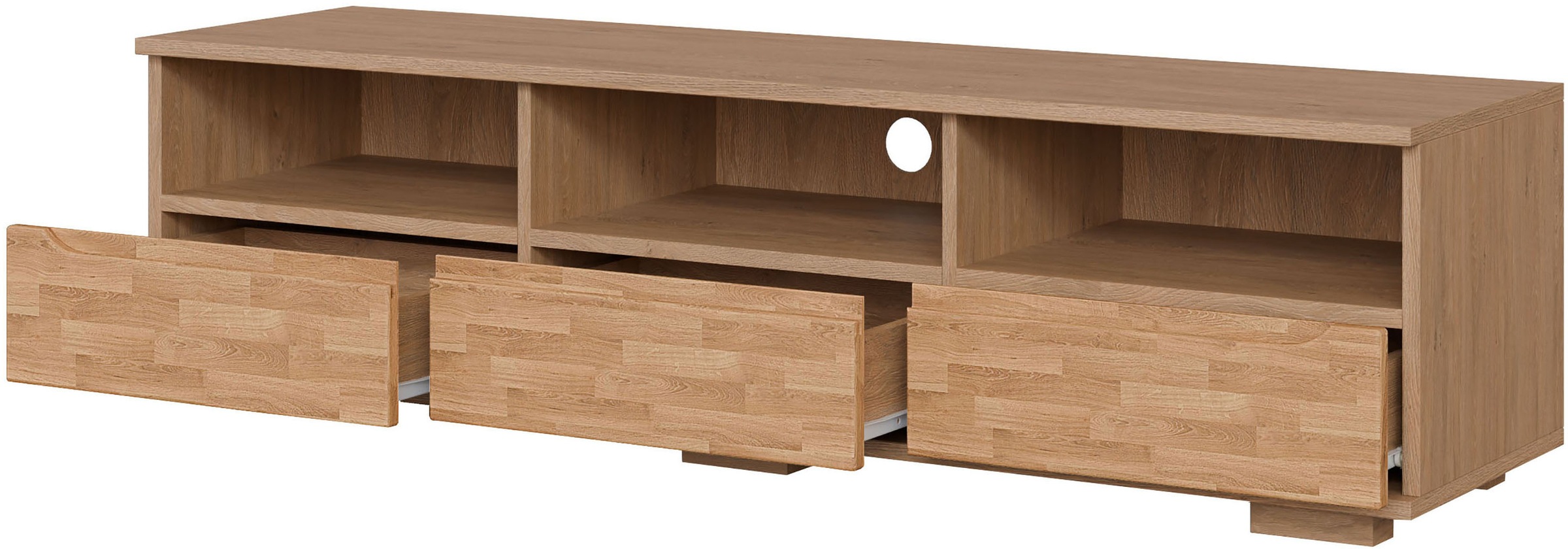 OTTO home Lowboard »VETRO Teilmassiv, Fronten Massivholz, Wohnzimmer, Stauraum,Griffmulde« B/T/H:150/40/40 cm, 3 Schubladen, 3 offene Fächer, kabeldurchführung
