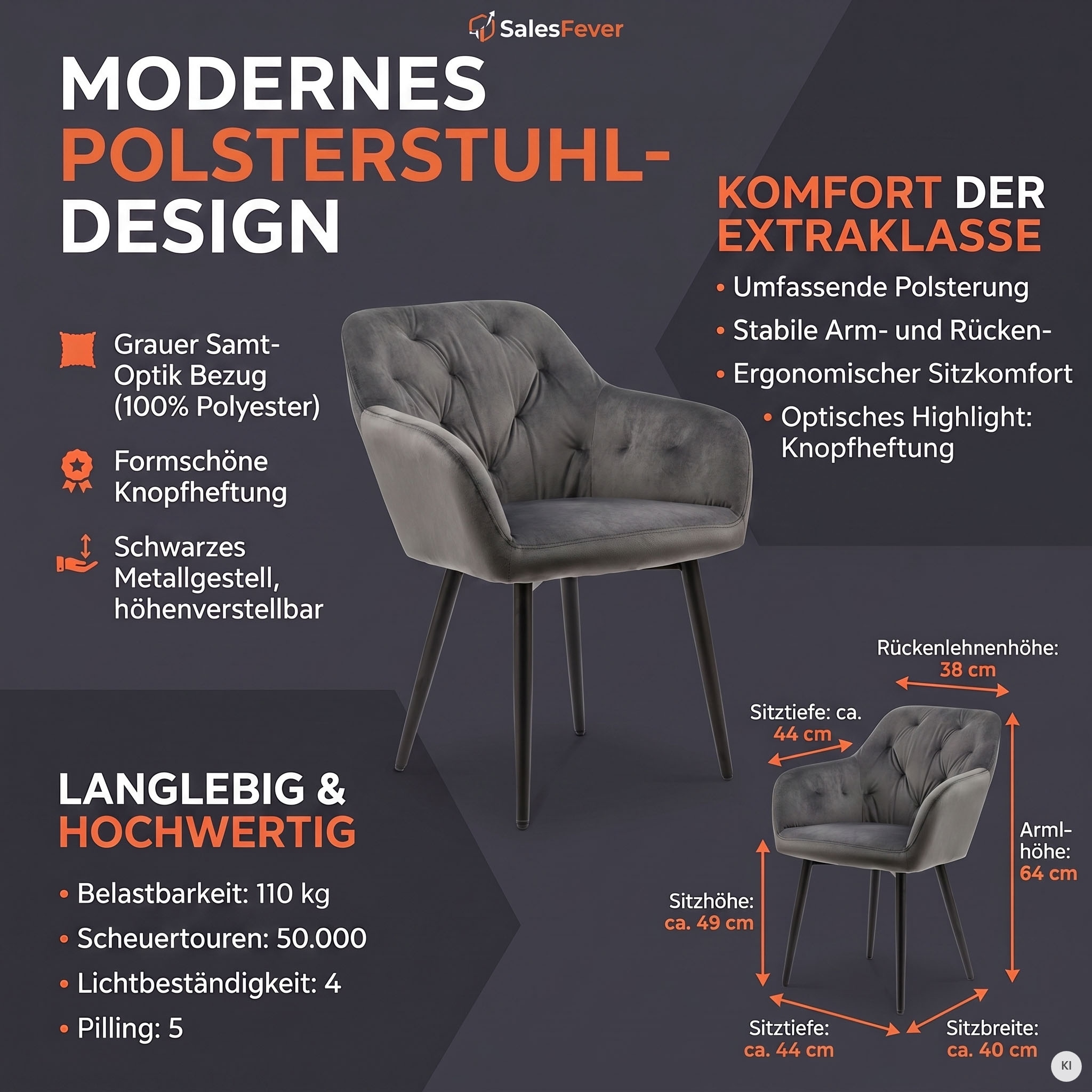 SalesFever Esszimmerstuhl »Coventry Komfortabler Polstertuhl im eleganten Stil« () Stilvoll mit eleganter Knopfheftung