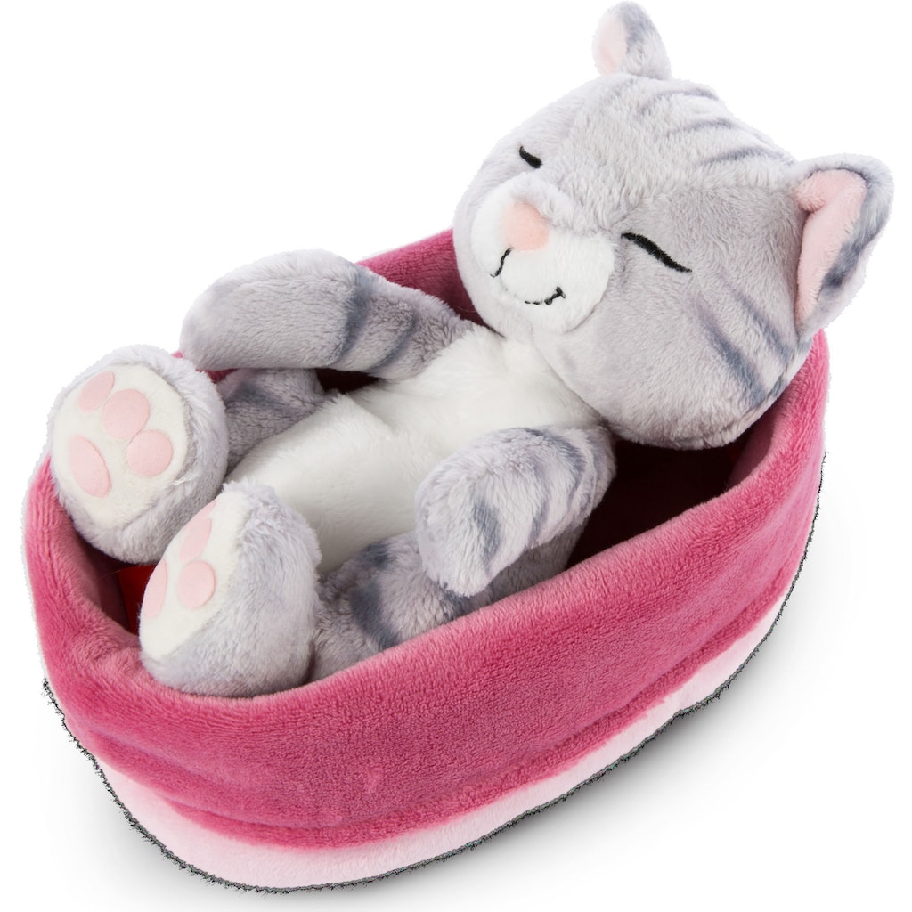 Nici Kuscheltier »Sleeping Kitties, Katze, 16 cm, grau«, mit pink-lila Körbchen