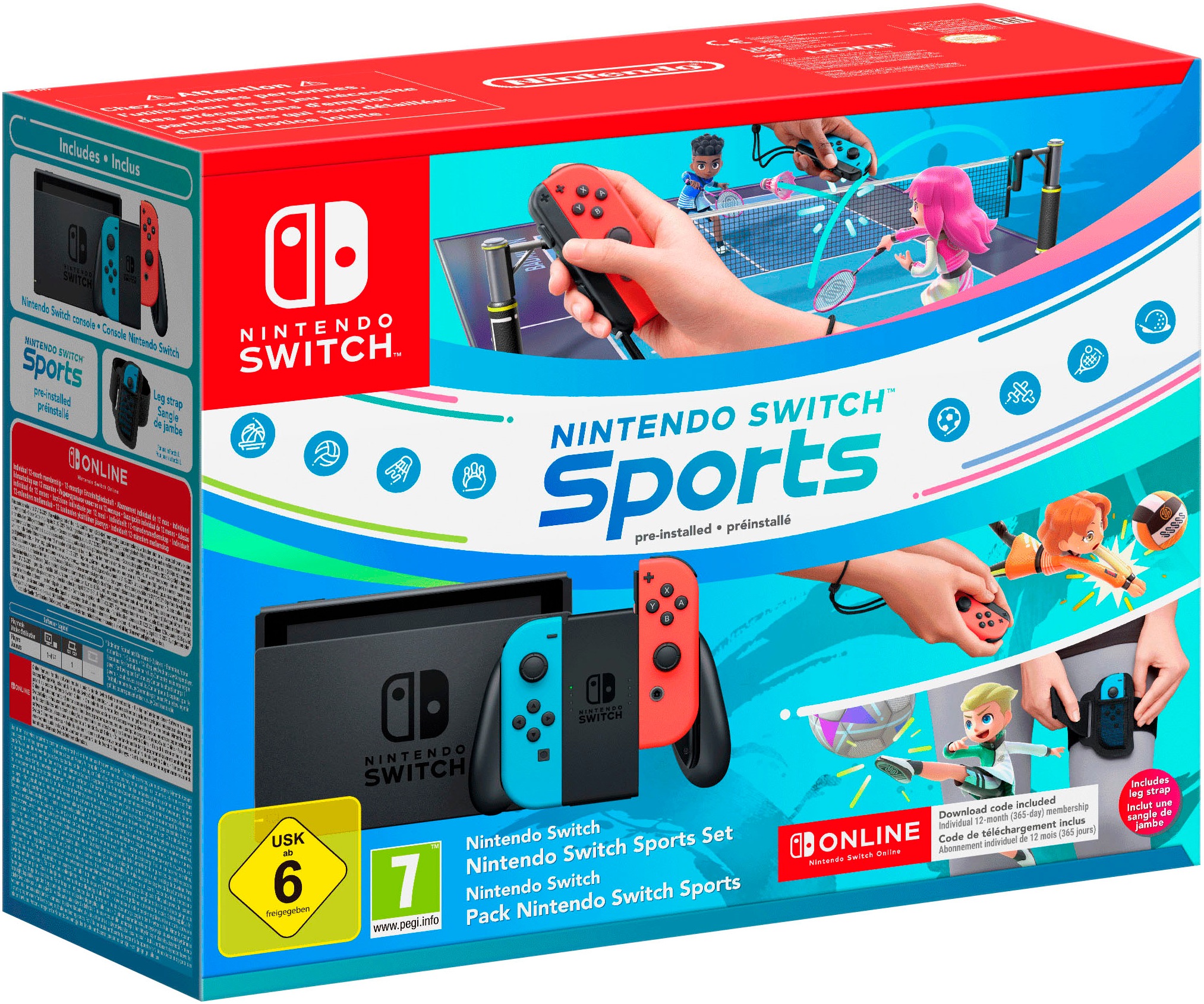 NINTENDO SWITCH Konsolen-Set »Neon-Rot/Neon-Blau + Switch Sports + 12 Mon. Online« 32 GB neonrot/neonblau Spieler können bis zu acht...