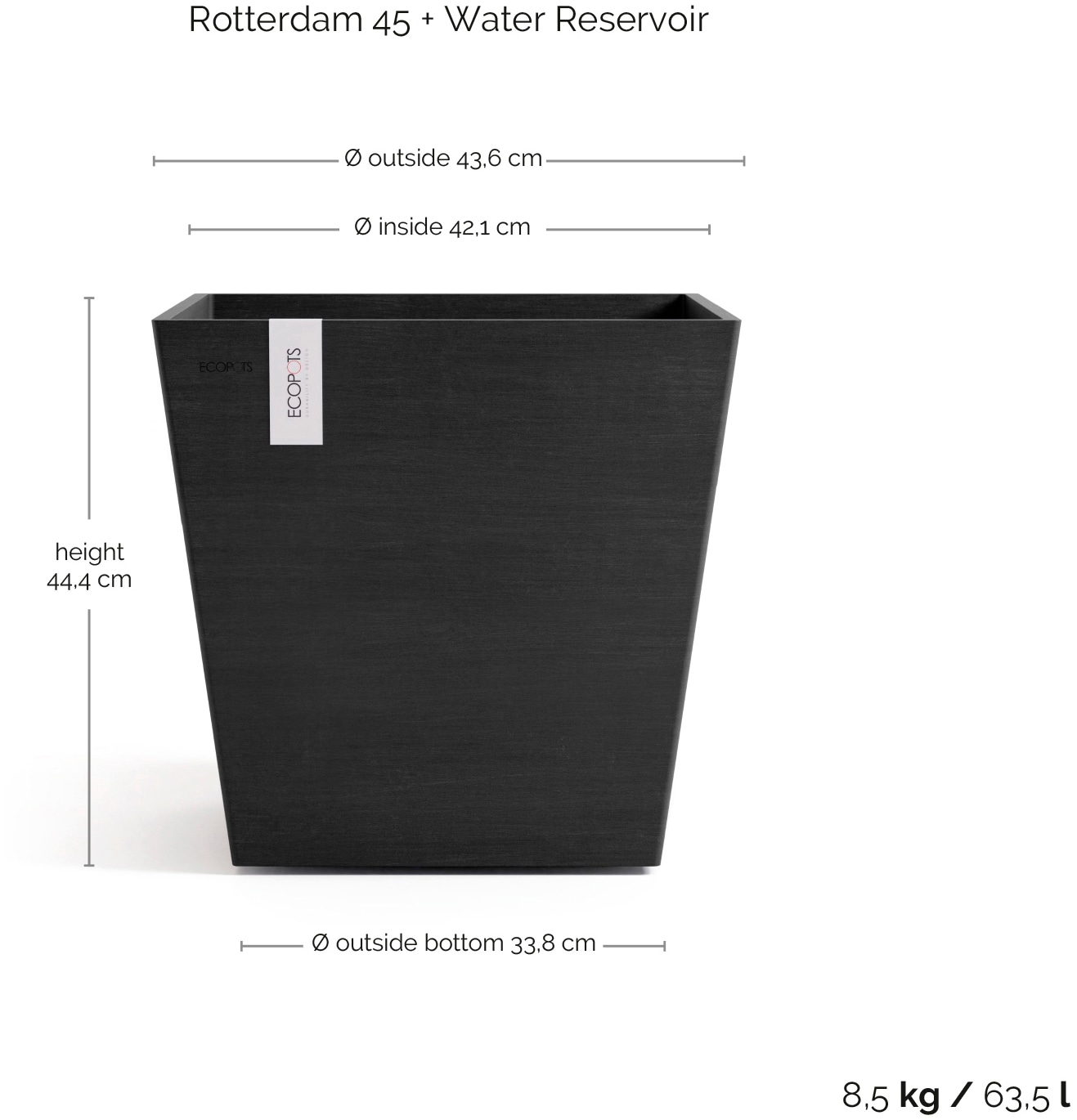 ECOPOTS Blumentopf »Rotterdam 45 + Wassersystem Dunkelgrau« für innen und außen: frostsicher, bruchsicher und lichtbeständig