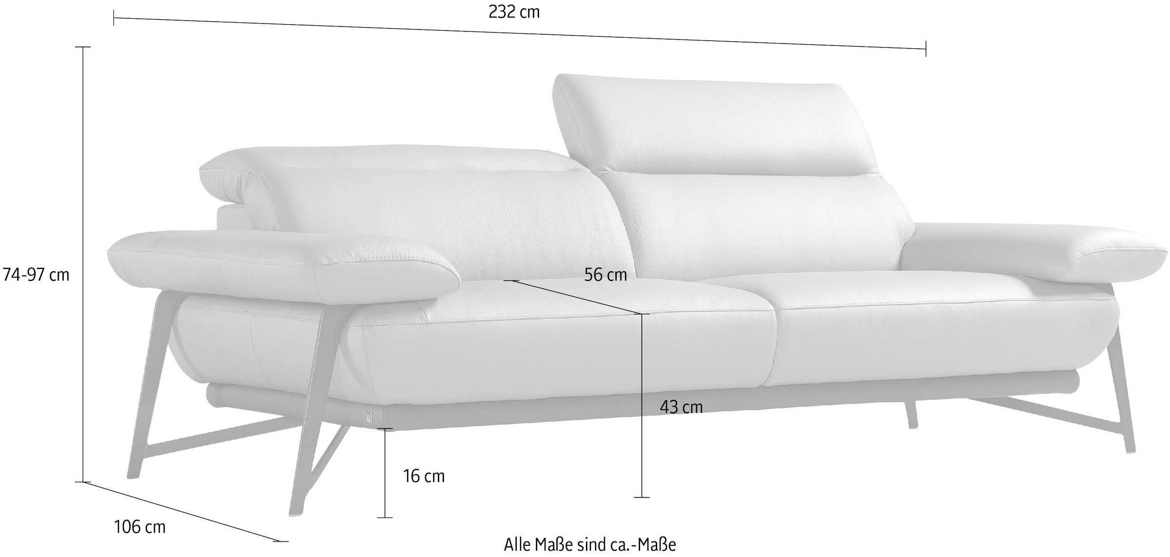 Egoitaliano 2,5-Sitzer »Anais, Designsofa mit erstklassigem Sitzkomfort, Fußfarbe schattengrau«, Kopfteil verstellbar, 232 cm, Leder CAREZZA, grün
