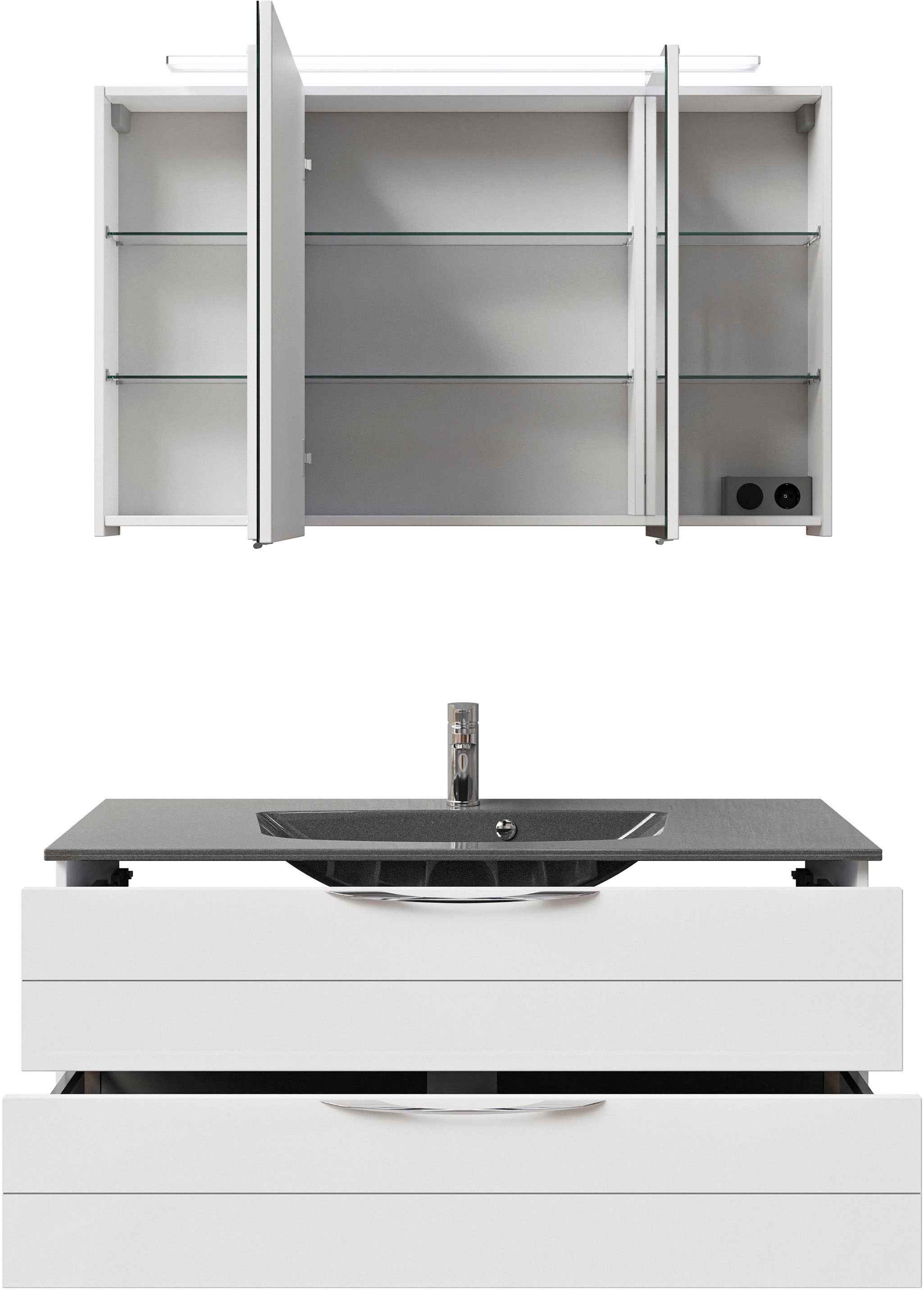Saphir Badmöbel-Set »Serie 6025 2-teilig Mineralmarmor-Waschtisch mit LED-Spiegelschrank«, (2 St.), Waschplatz 117cm breit, 2 Schubladen, 3 Spiegel-Türen, inkl Türdämpfer
