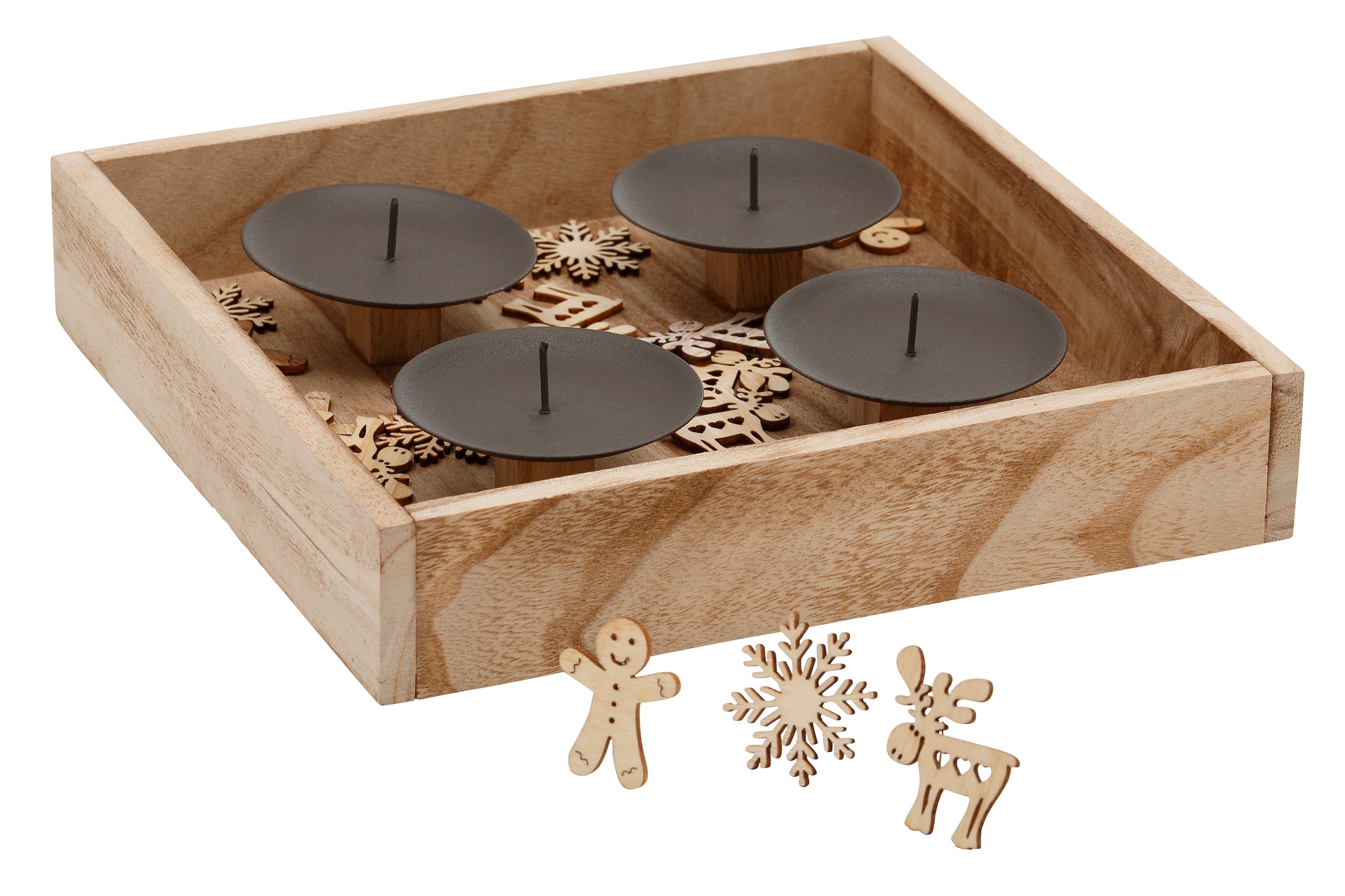 Home affaire Adventsleuchter »Kerzenhalter Ennsling mit 24 Streudekofiguren, 25x25 cm«, (1 St.), Weihnachtsdeko aus Holz und Metall, Tablett mit 4 Kerzenhaltern