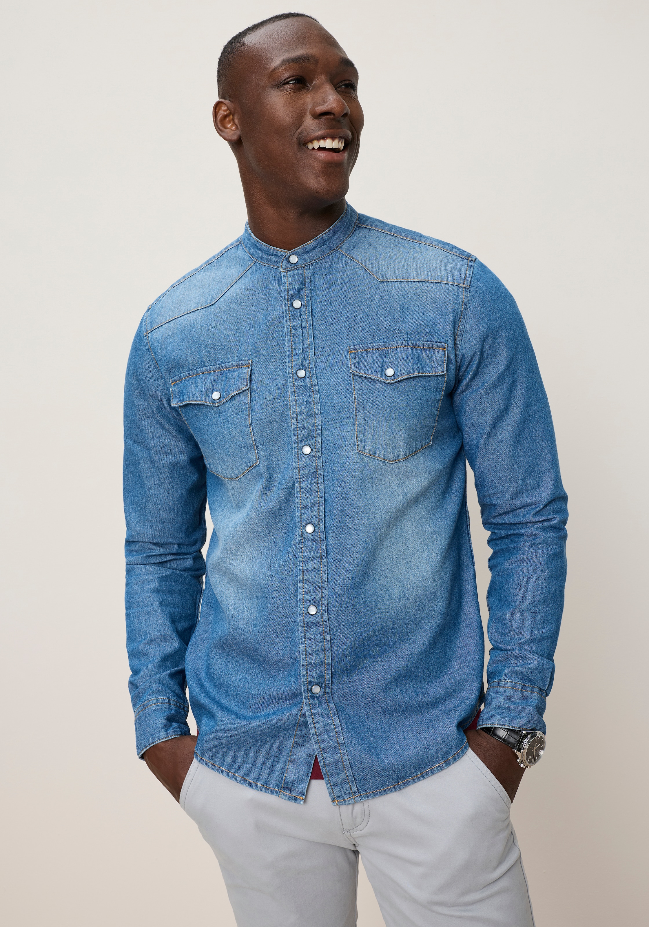 DELMAO Jeanshemd aus Baumwolle in Denim-Qualität, mit Stehkragen