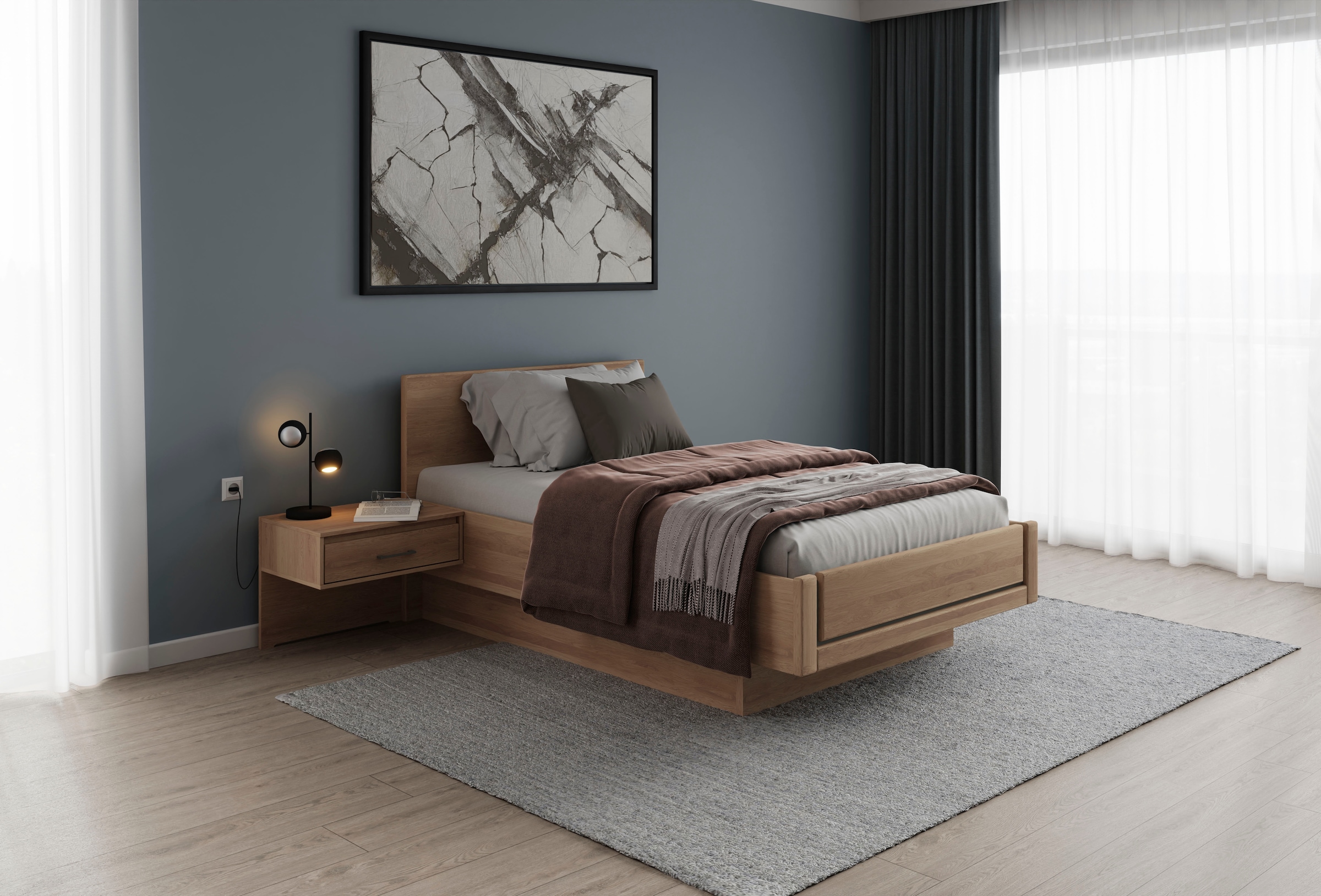 Musterring Holzbett »Sorrent, Bettgestell, Bettrahmen, teilmassiv Eiche«, (MADE IN GERMANY), Eiche teilmassiv, Liegehöhenverstellung, in schwebender Optik