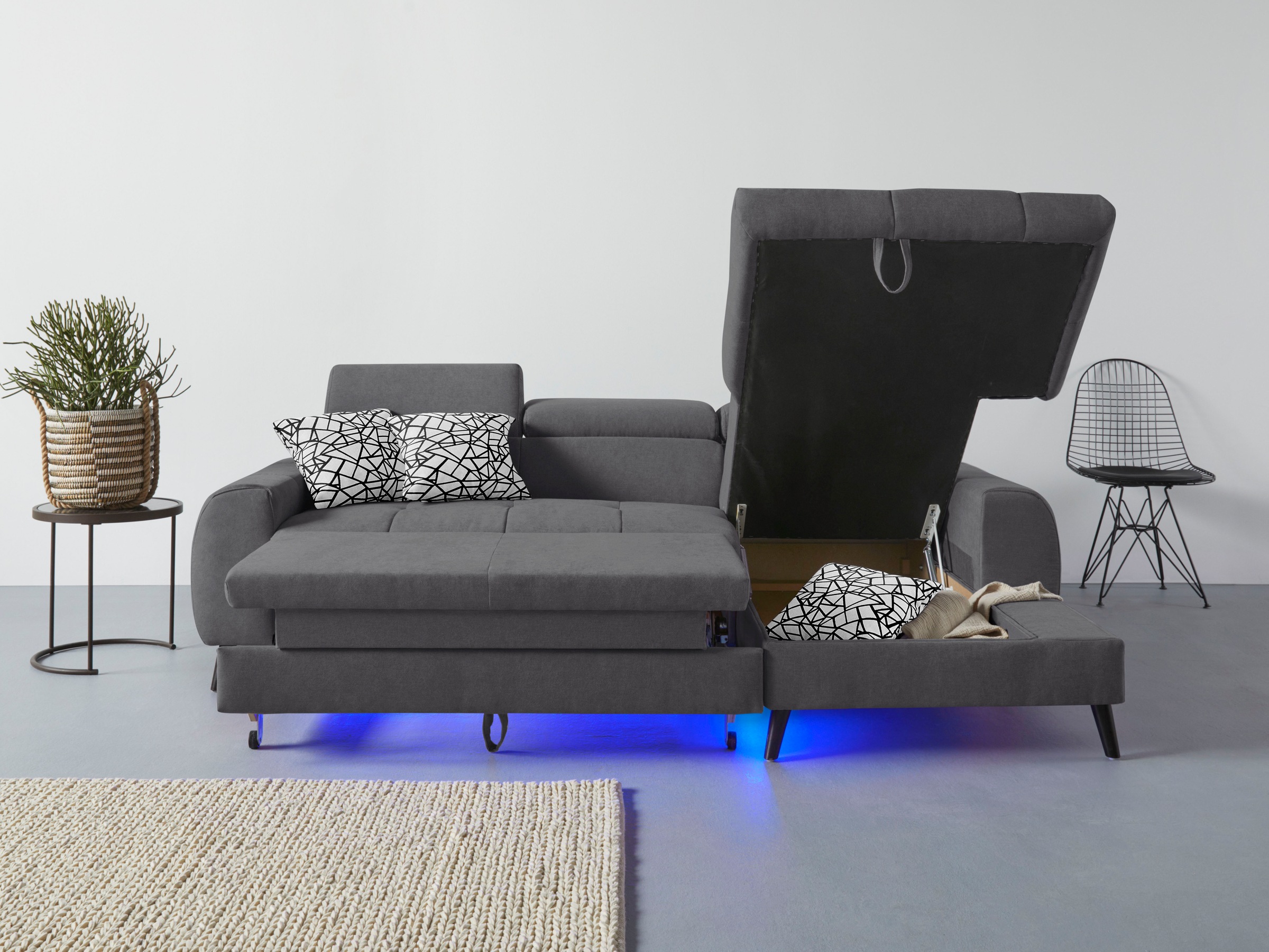 COTTA Ecksofa »Mia L-Form mit 3 Zierkissen«, wahlweise mit Bettfunktion, Bettkasten, Beleuchtung & Wireless-Charger