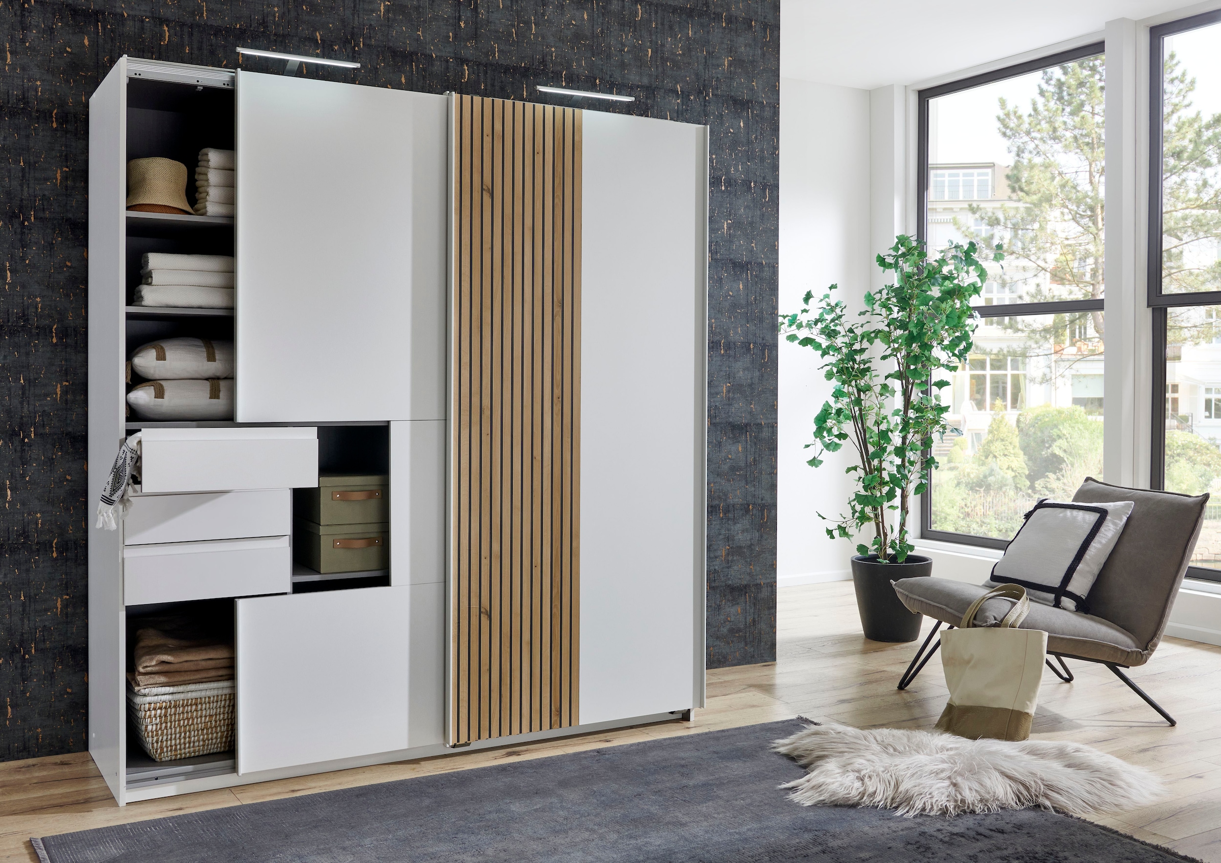 Wimex Schwebetürenschrank »Coburg, Kleiderschrank Made in Germany«, mit Akustikpaneel Optik oder Holzoptik eichefarben, 180cm breit