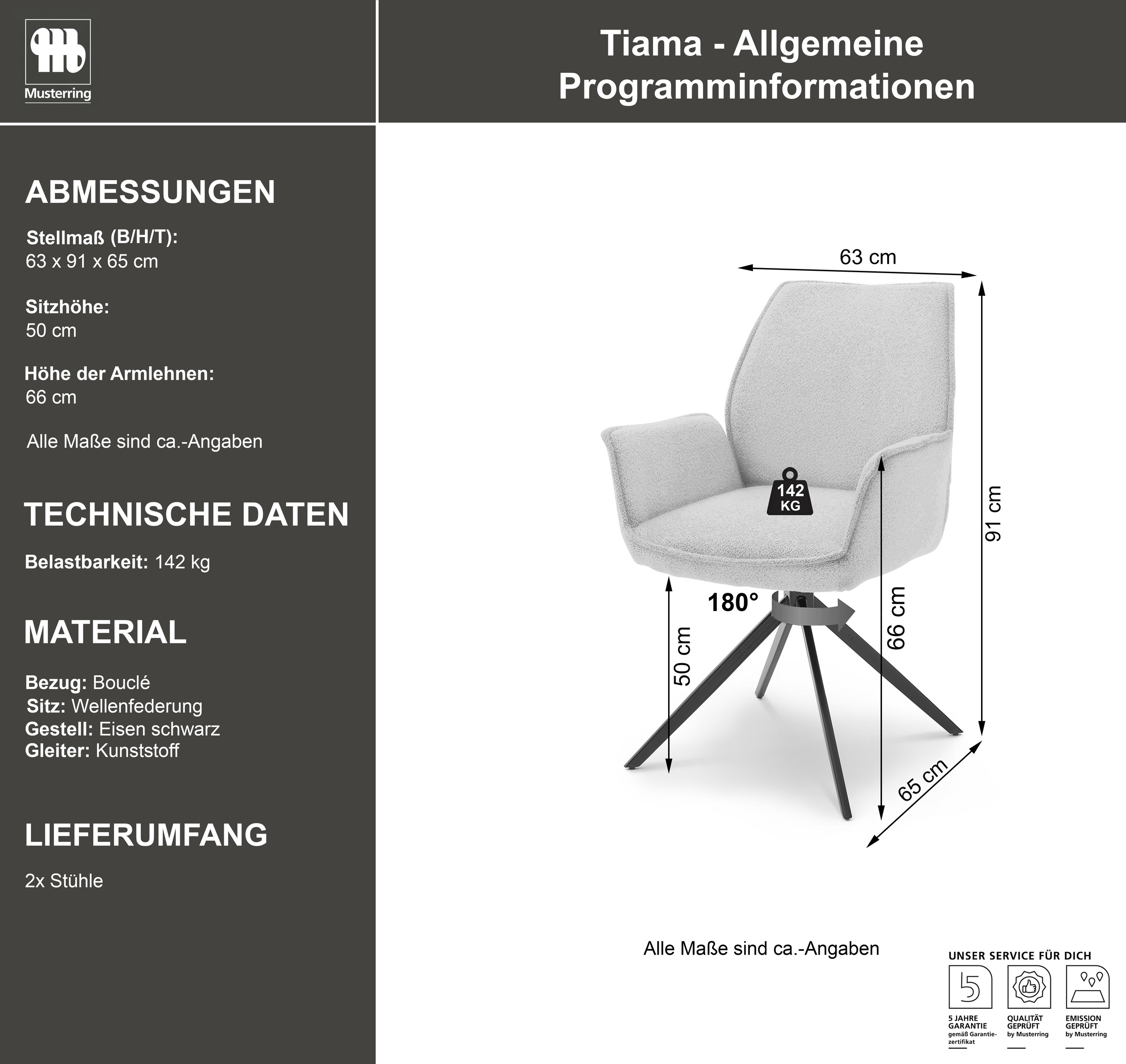 Musterring Esszimmerstuhl »Tiama«, (Set), 2 St., Bouclé, Stativgestell aus Eisen schwarz, 180° drehbar, Stoff Cord oder Bouclé
